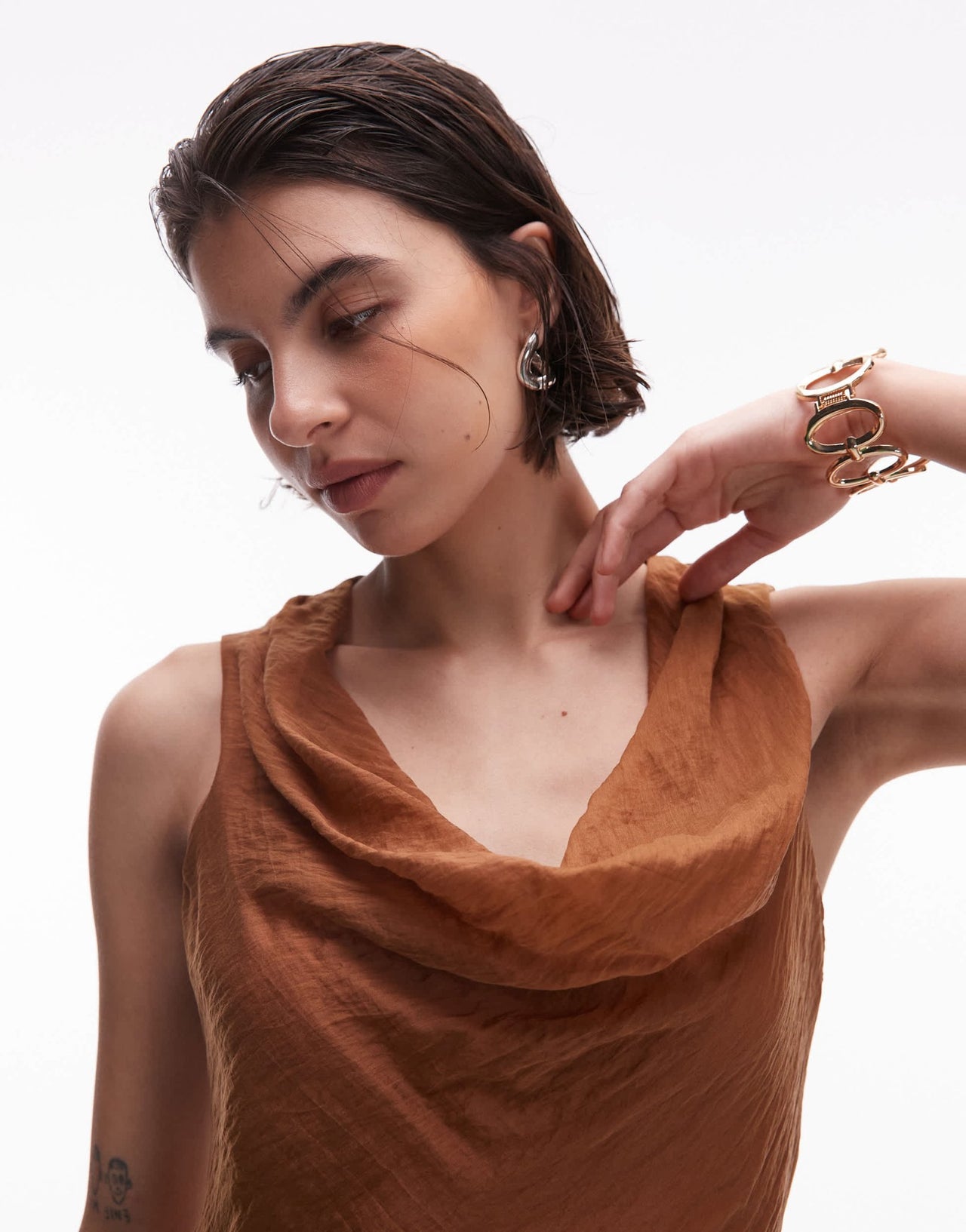 Mango cowl neck satin midi dress in brown - ASOS Sample Sale