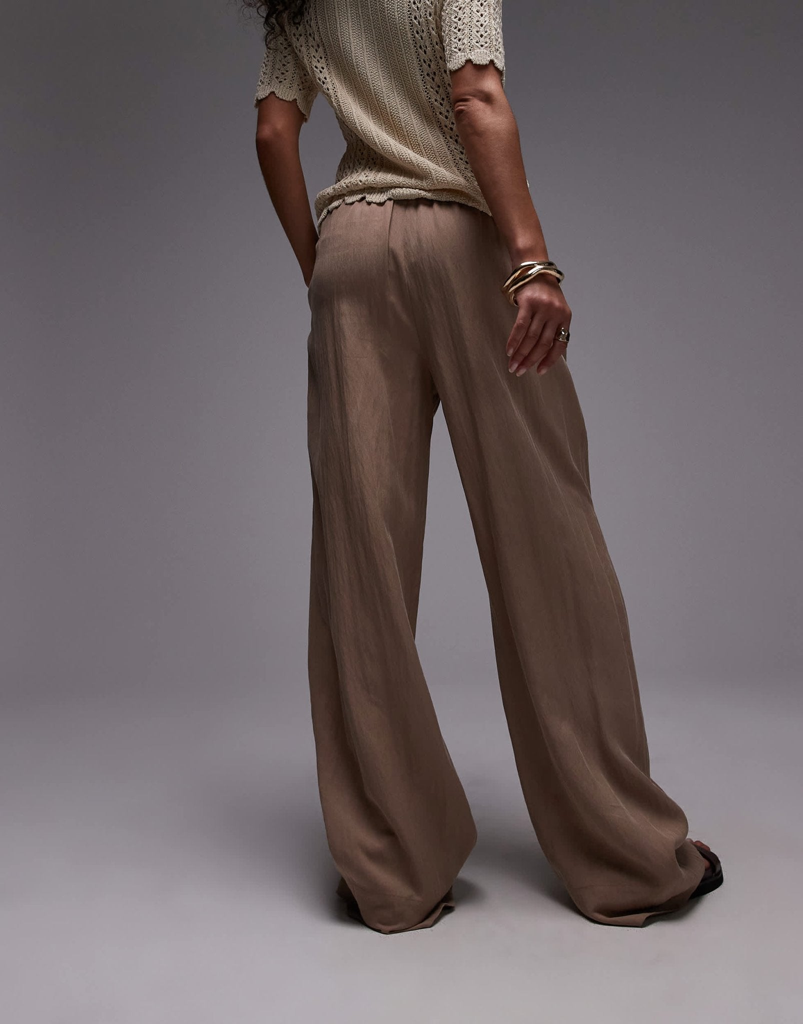 Mango crinkle elasticated waist straight leg trouser in beige - ASOS Sample Sale
