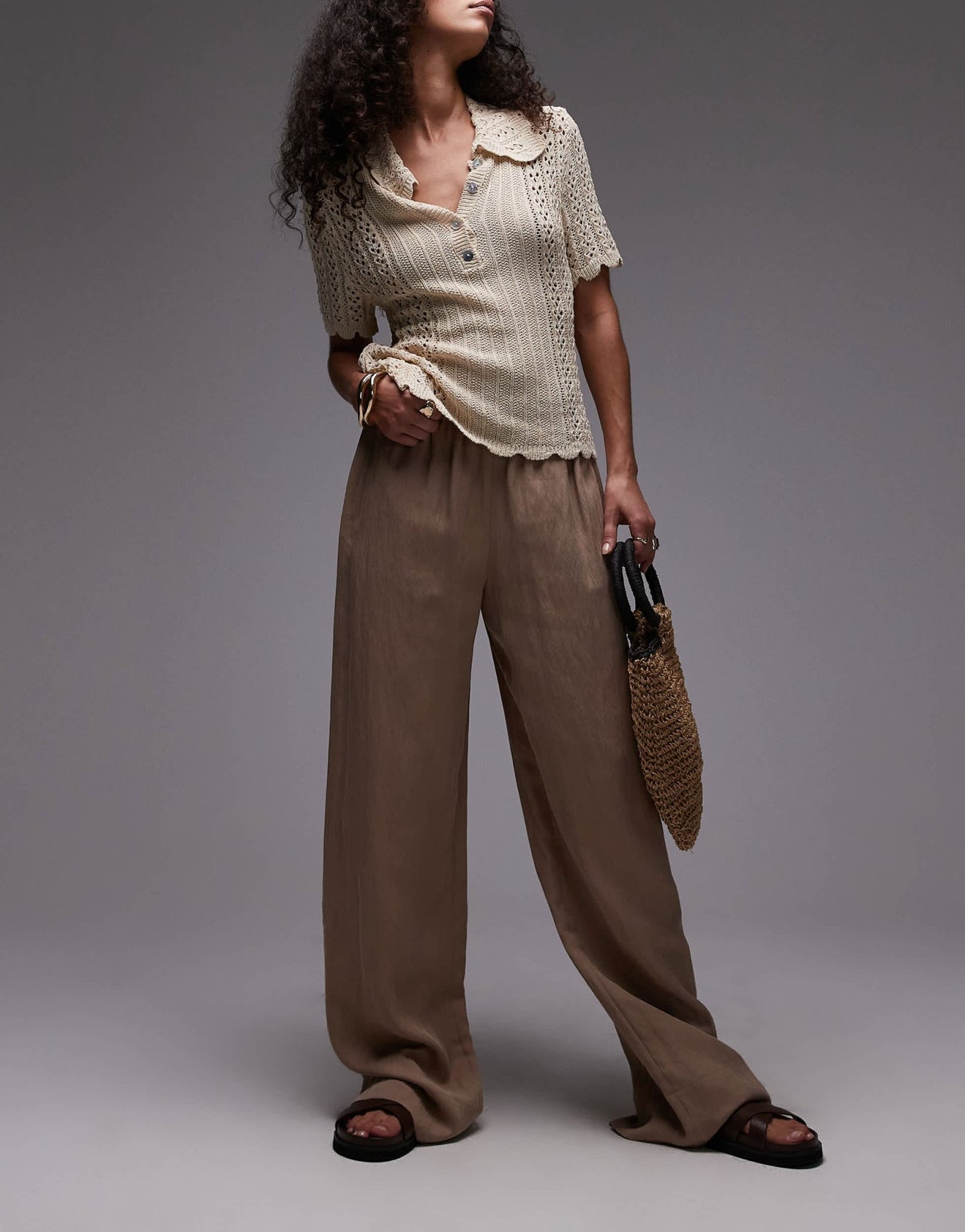 Mango crinkle elasticated waist straight leg trouser in beige - ASOS Sample Sale