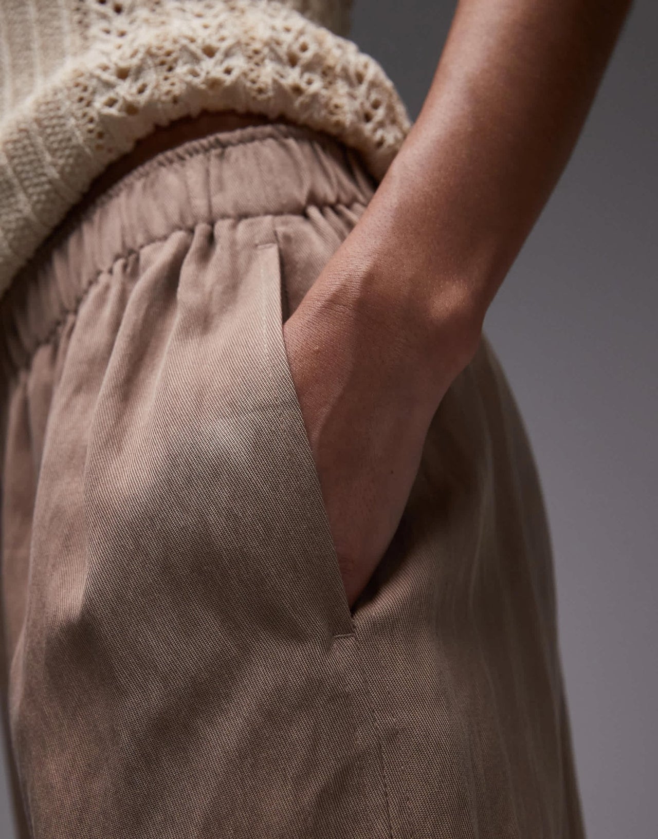 Mango crinkle elasticated waist straight leg trouser in beige - ASOS Sample Sale