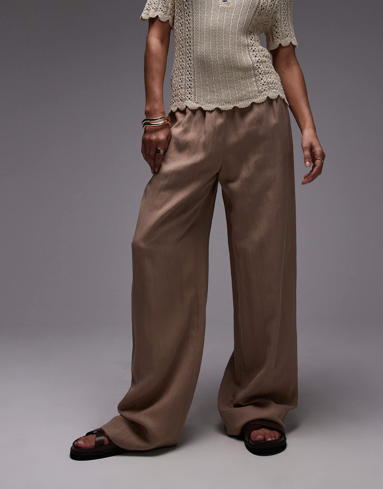 Mango crinkle elasticated waist straight leg trouser in beige - ASOS Sample Sale