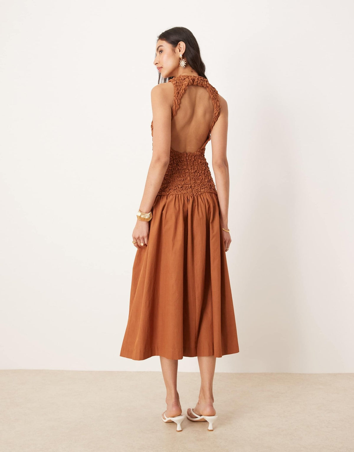 Mango crinkle textured drop waist dress in burnt orange - ASOS Sample Sale