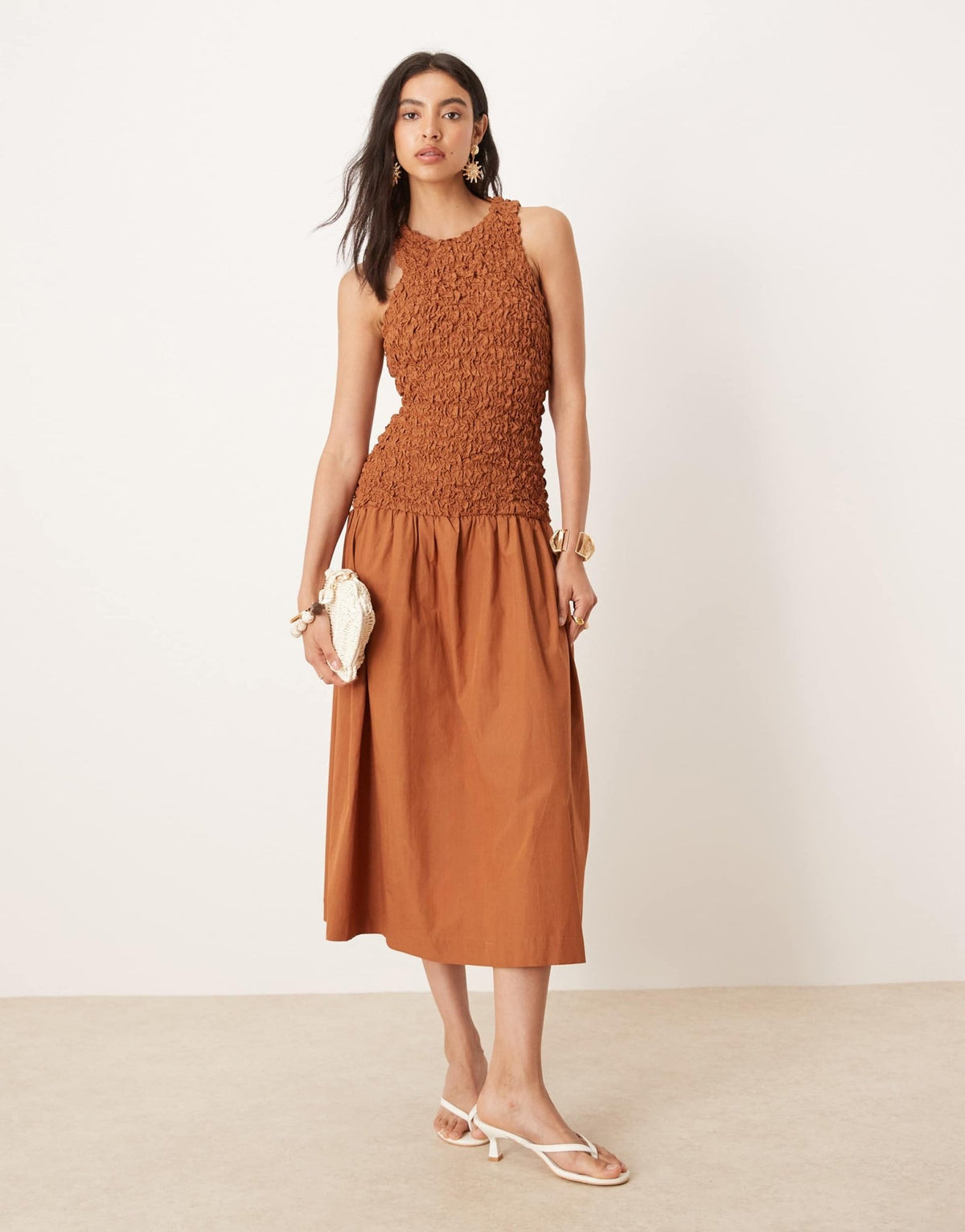 Mango crinkle textured drop waist dress in burnt orange - ASOS Sample Sale