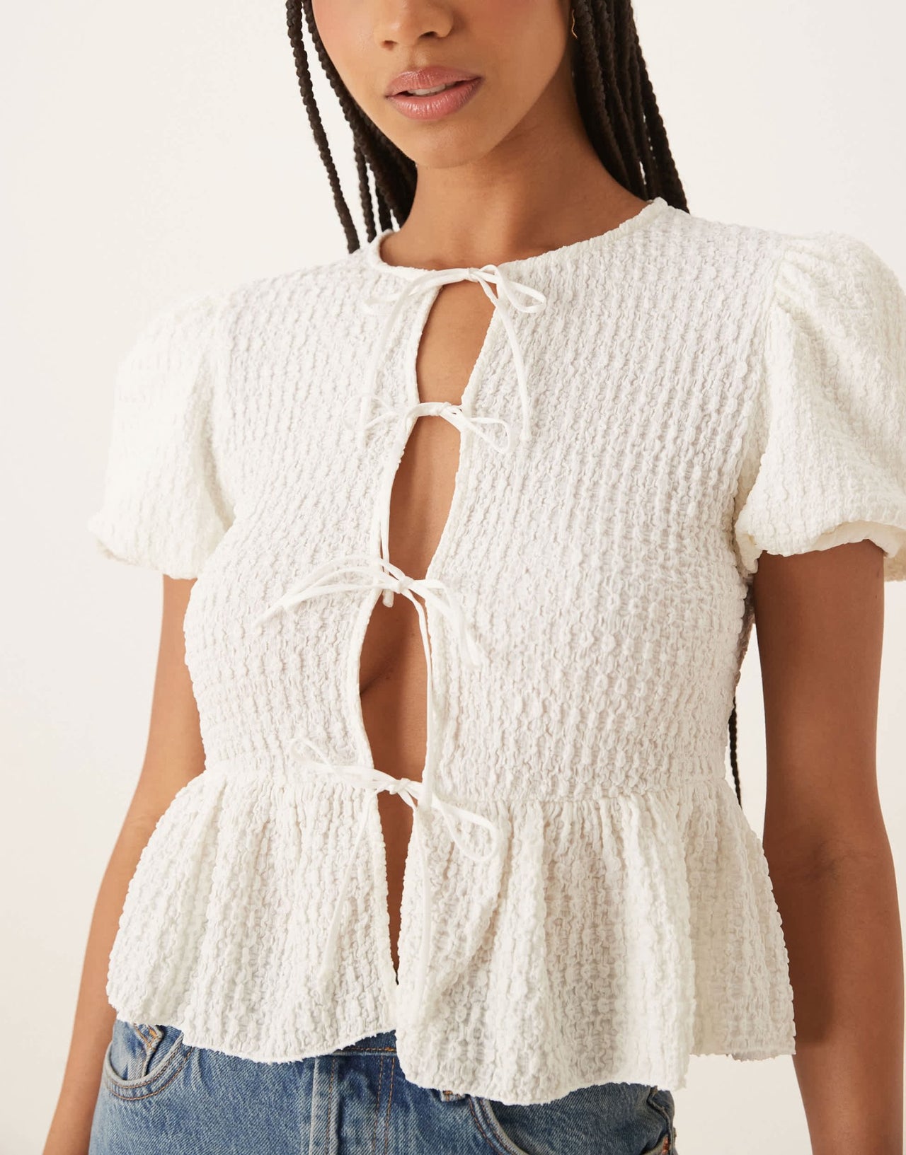 Mango crinkle textures tie front blouse in cream - ASOS Sample Sale