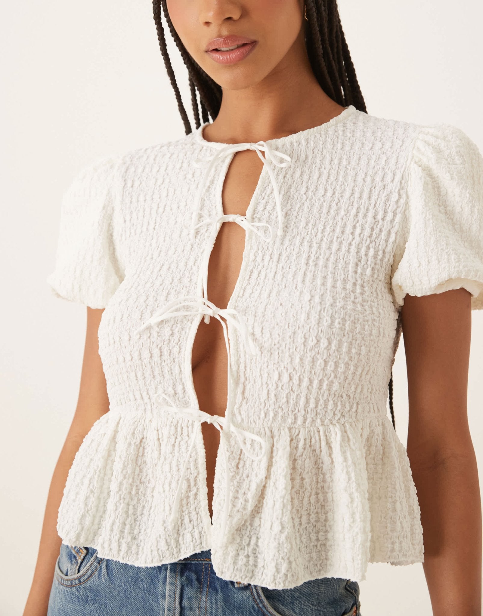 Mango crinkle textures tie front blouse in cream - ASOS Sample Sale