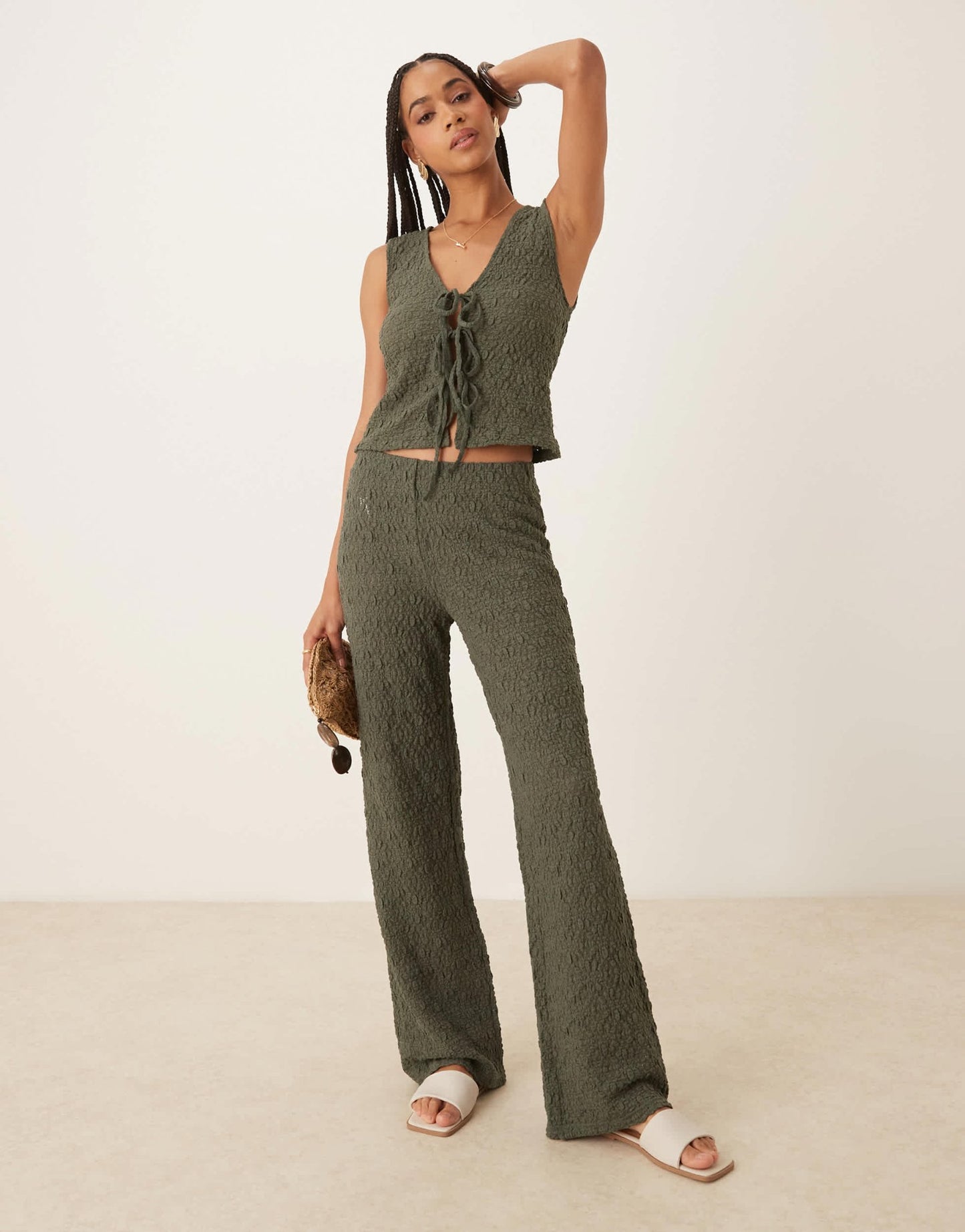 Mango crinkle wide leg trouser co-ord in khaki - ASOS Sample Sale