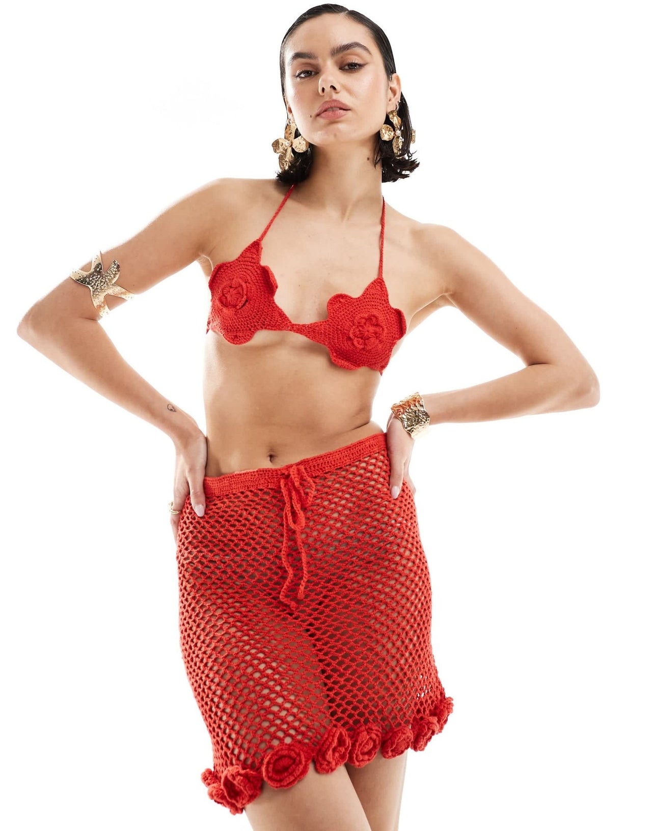 Mango crochet co - ord mini skirt with rose hem in red - ASOS Sample Sale