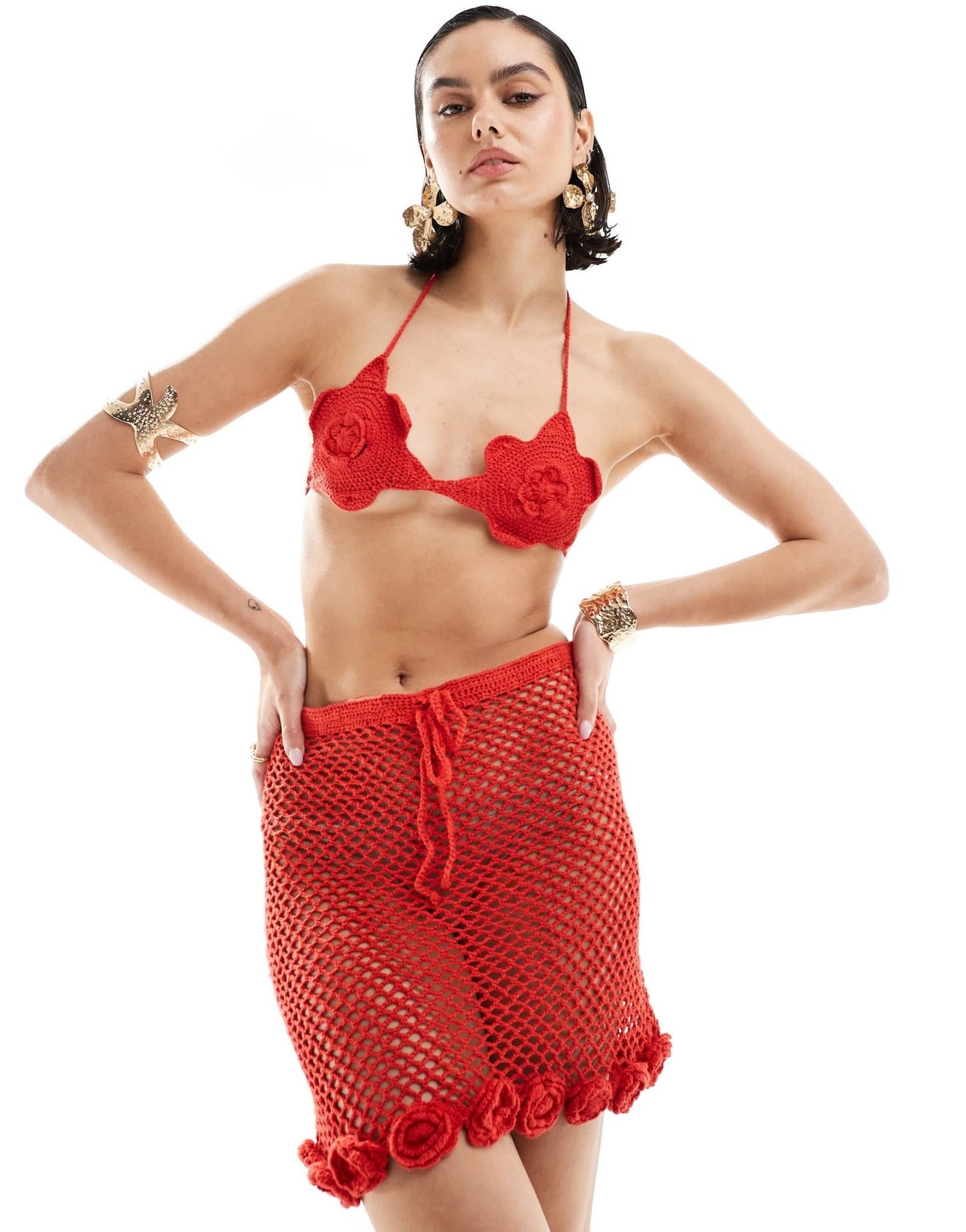 Mango crochet co - ord mini skirt with rose hem in red - ASOS Sample Sale