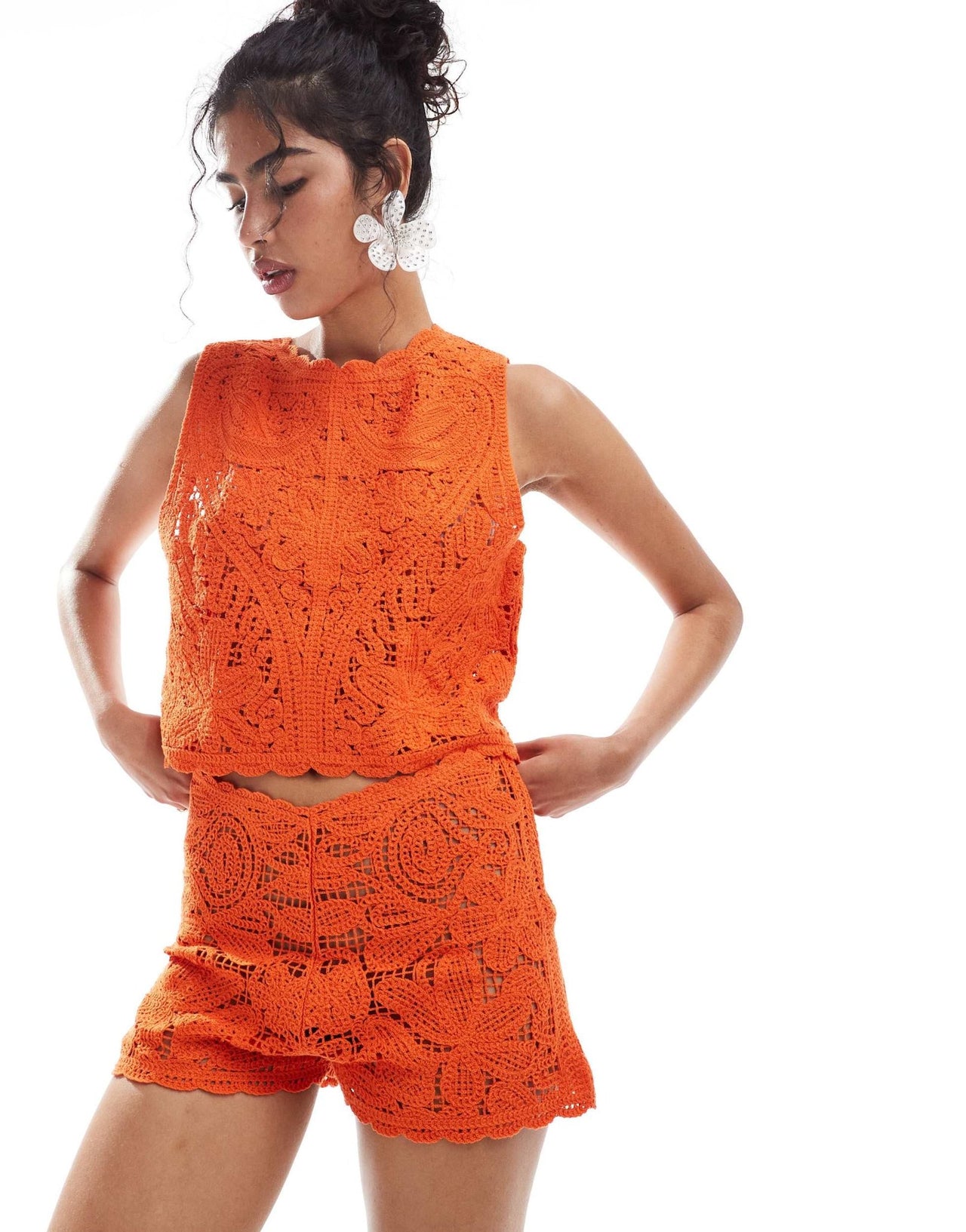 Mango crochet co - ord shorts in orange - ASOS Sample Sale