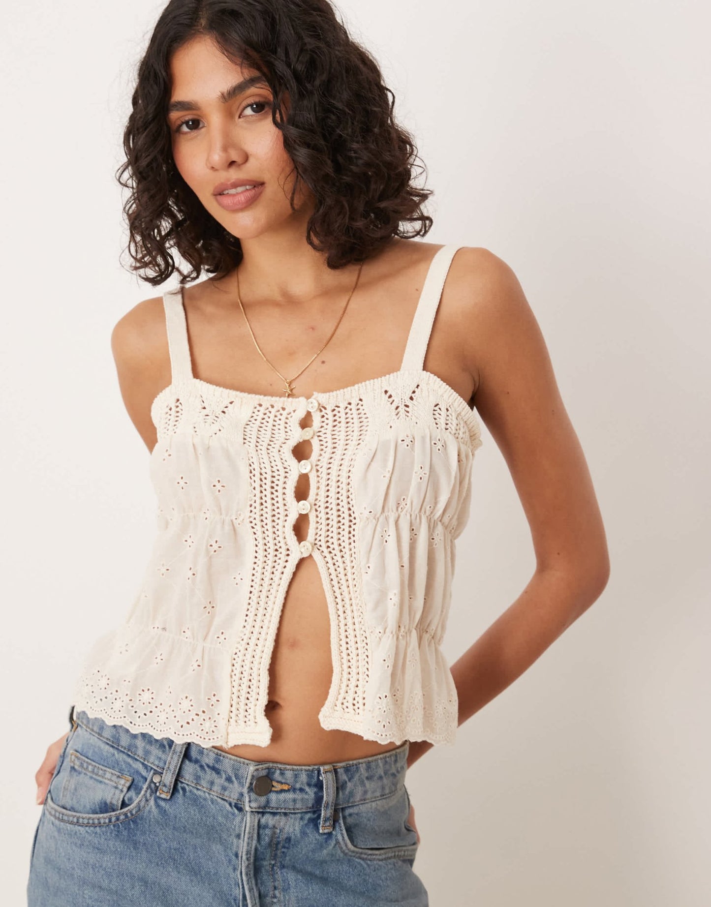 Mango crochet tie front knitted cami top in light beige - ASOS Sample Sale