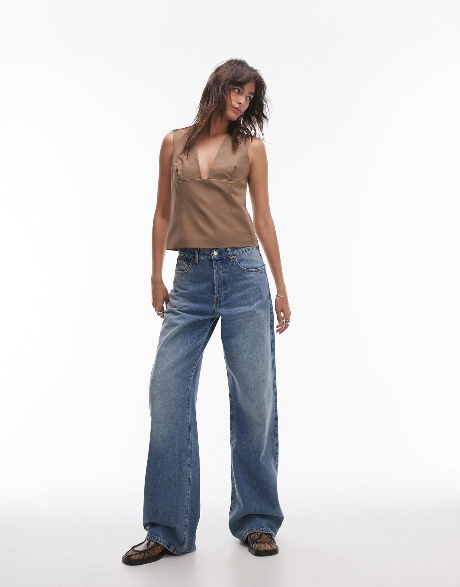Mango deep v - neck top in brown - ASOS Sample Sale