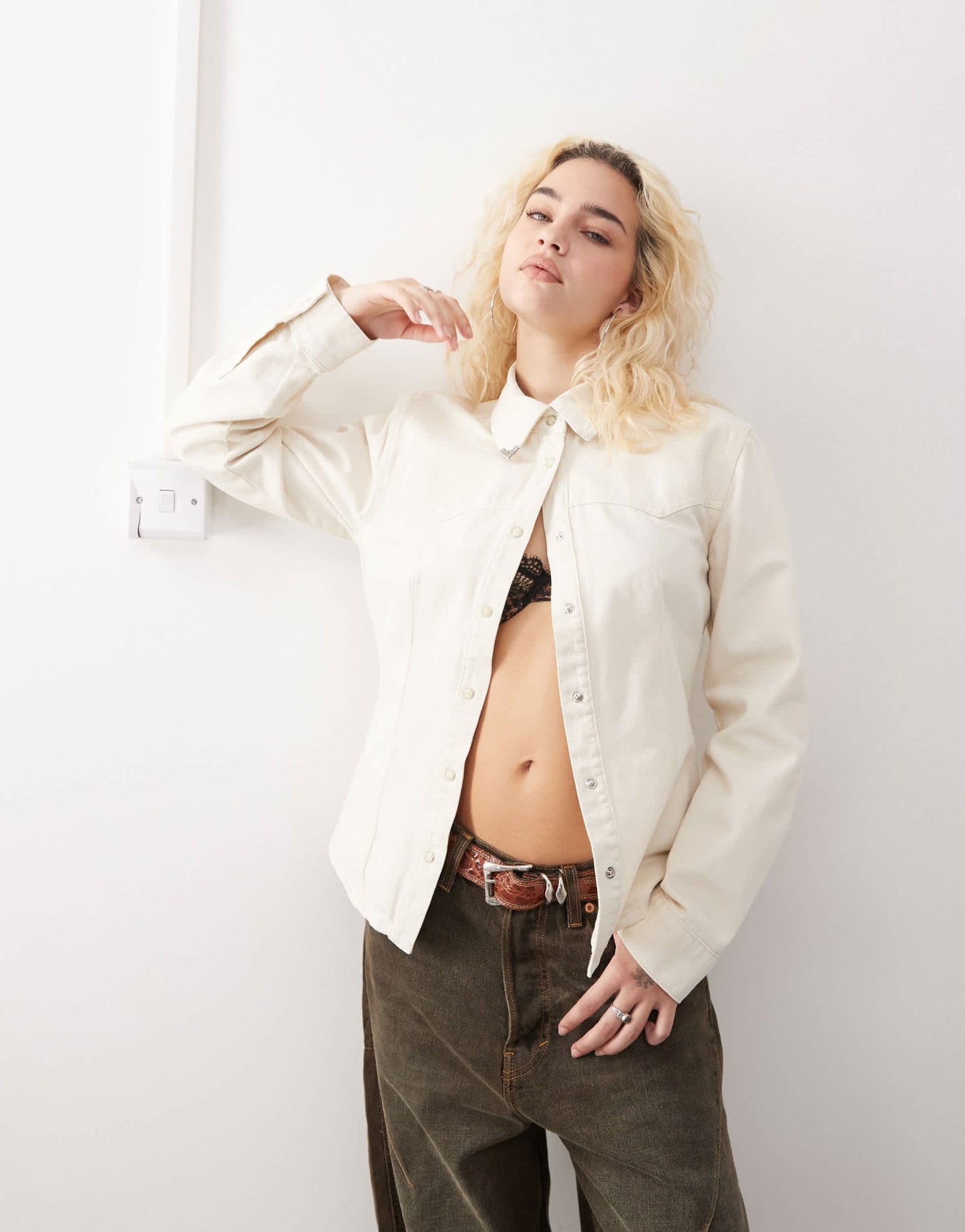 Mango denim button through western tipped collar shirt in white - ASOS Sample Sale
