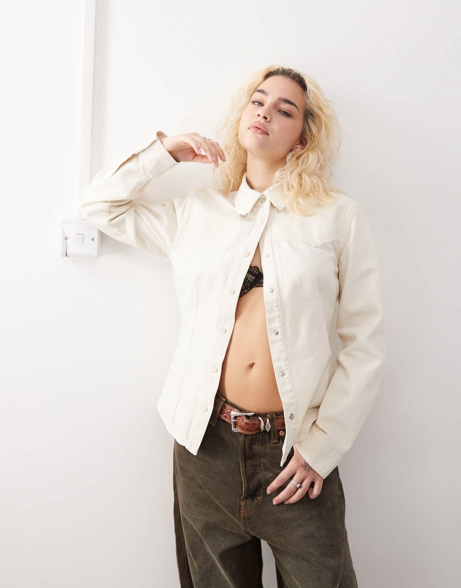 Mango denim button through western tipped collar shirt in white - ASOS Sample Sale