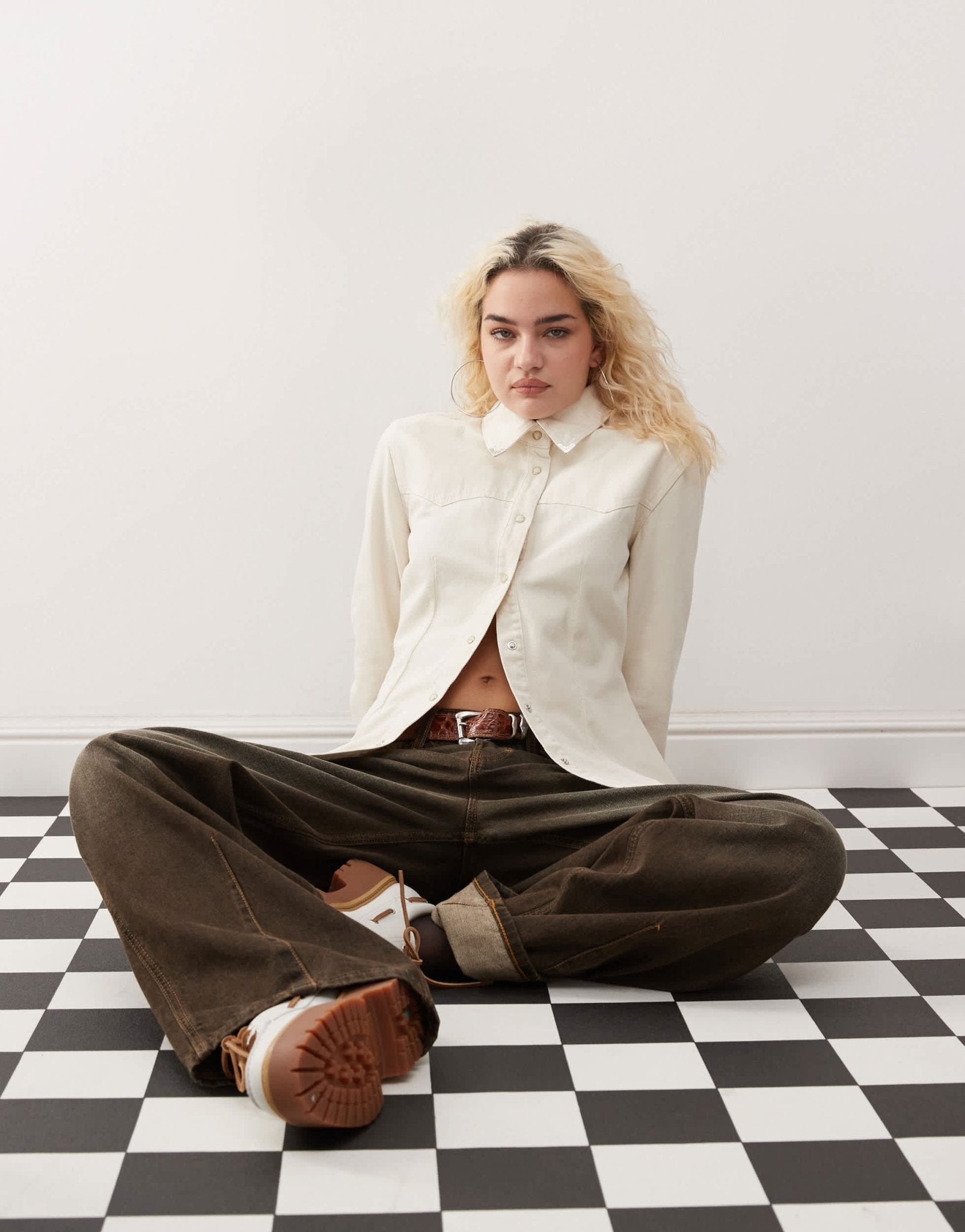 Mango denim button through western tipped collar shirt in white - ASOS Sample Sale