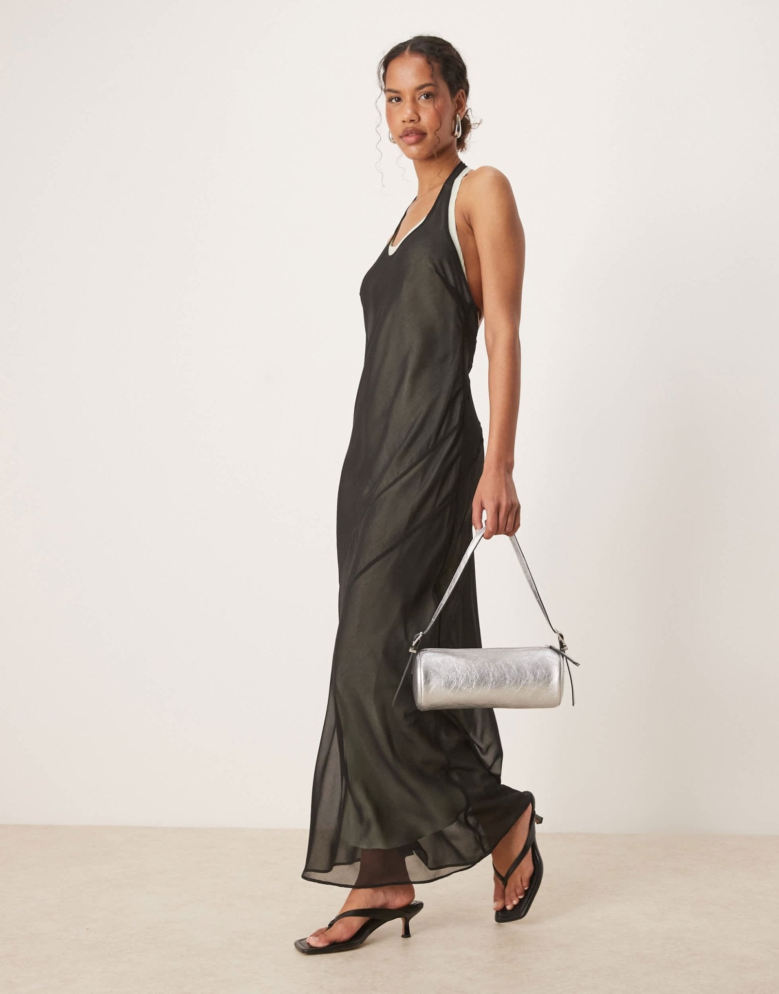 Mango double layered scoop back maxi dress with soft contoured exposed seam in black - ASOS Sample Sale