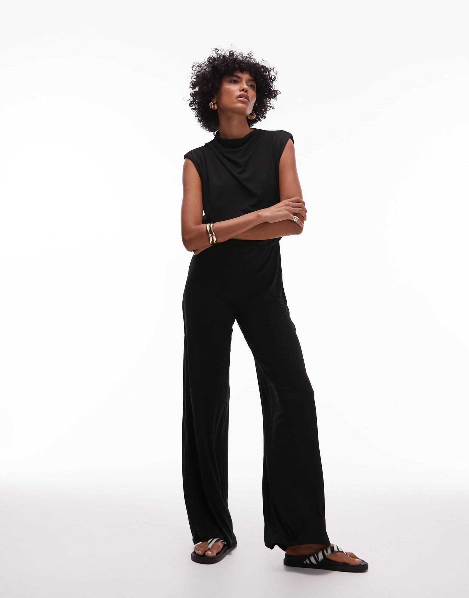 Mango drape neck detail sleeveless jumpsuit in black - ASOS Sample Sale
