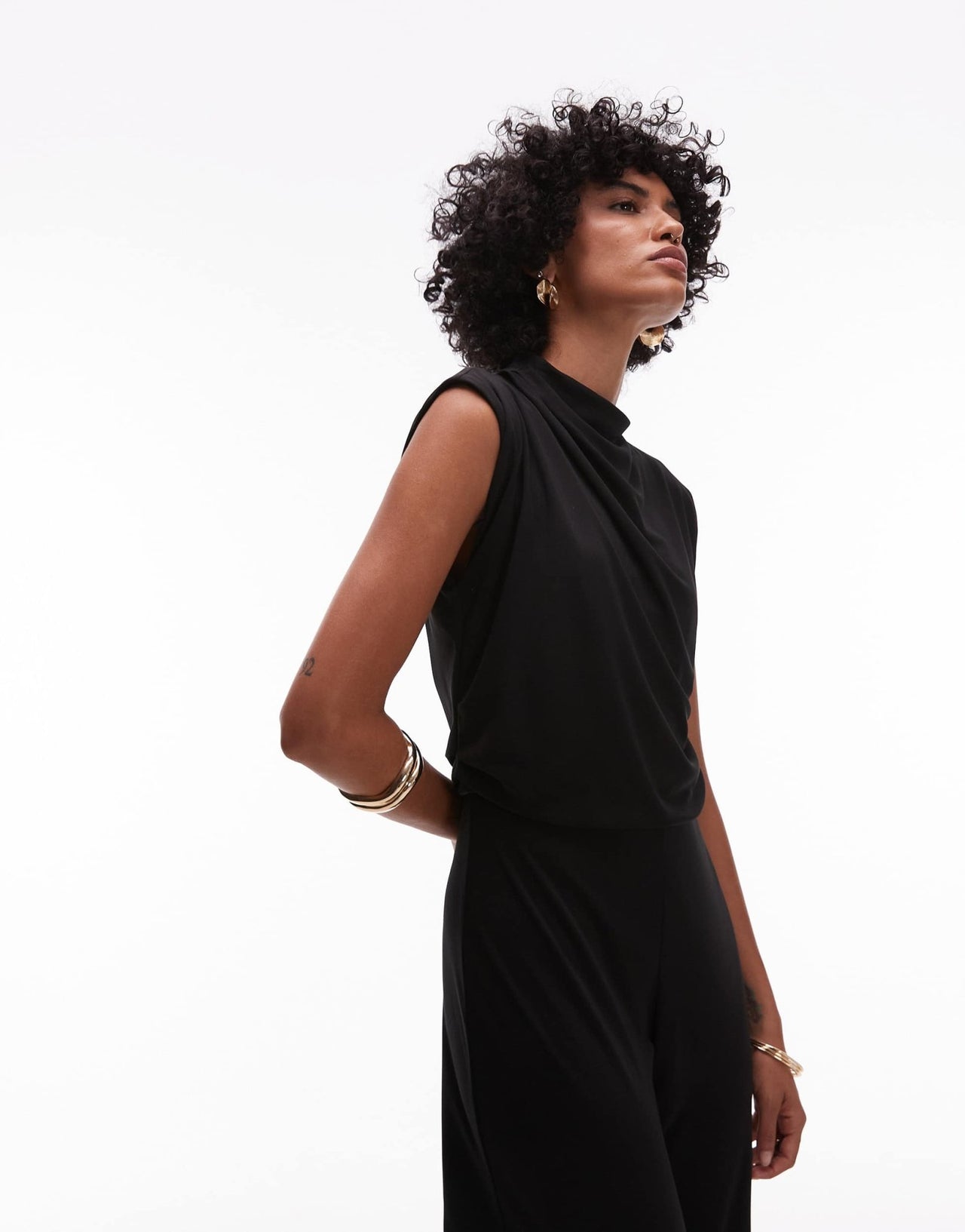 Mango drape neck detail sleeveless jumpsuit in black - ASOS Sample Sale