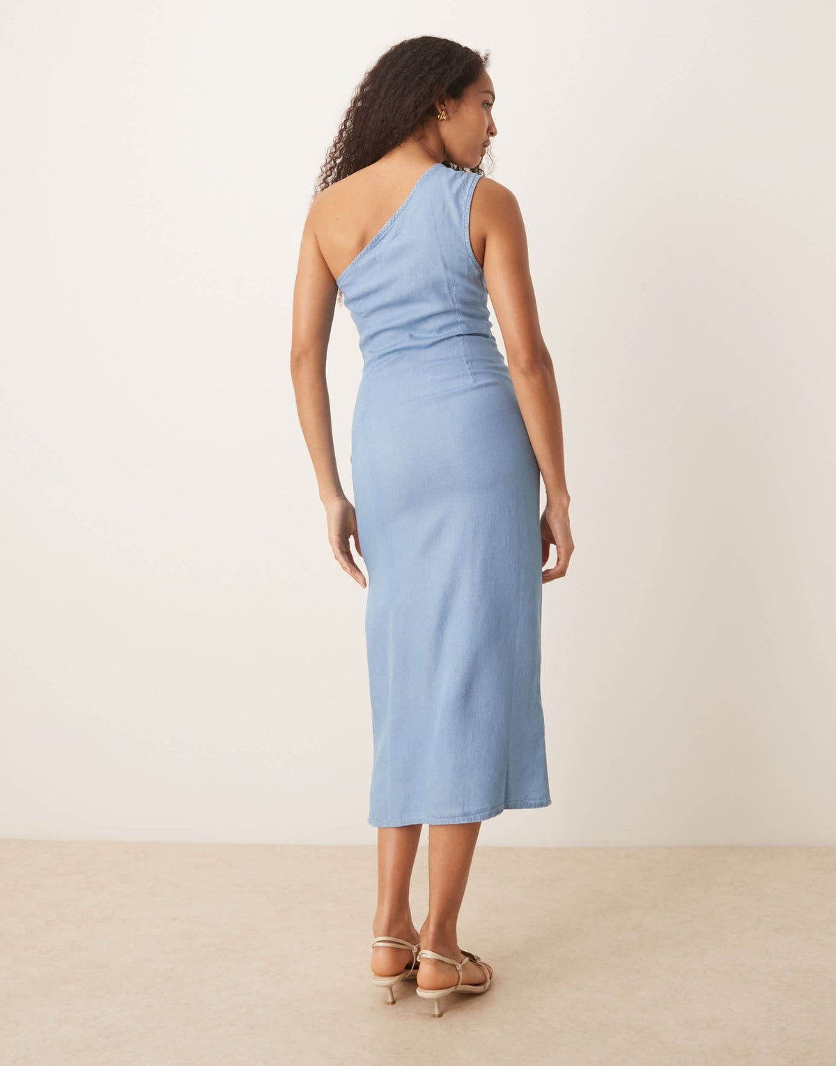 Mango draped one shoulder denim look midaxi dress with side split in blue - ASOS Sample Sale