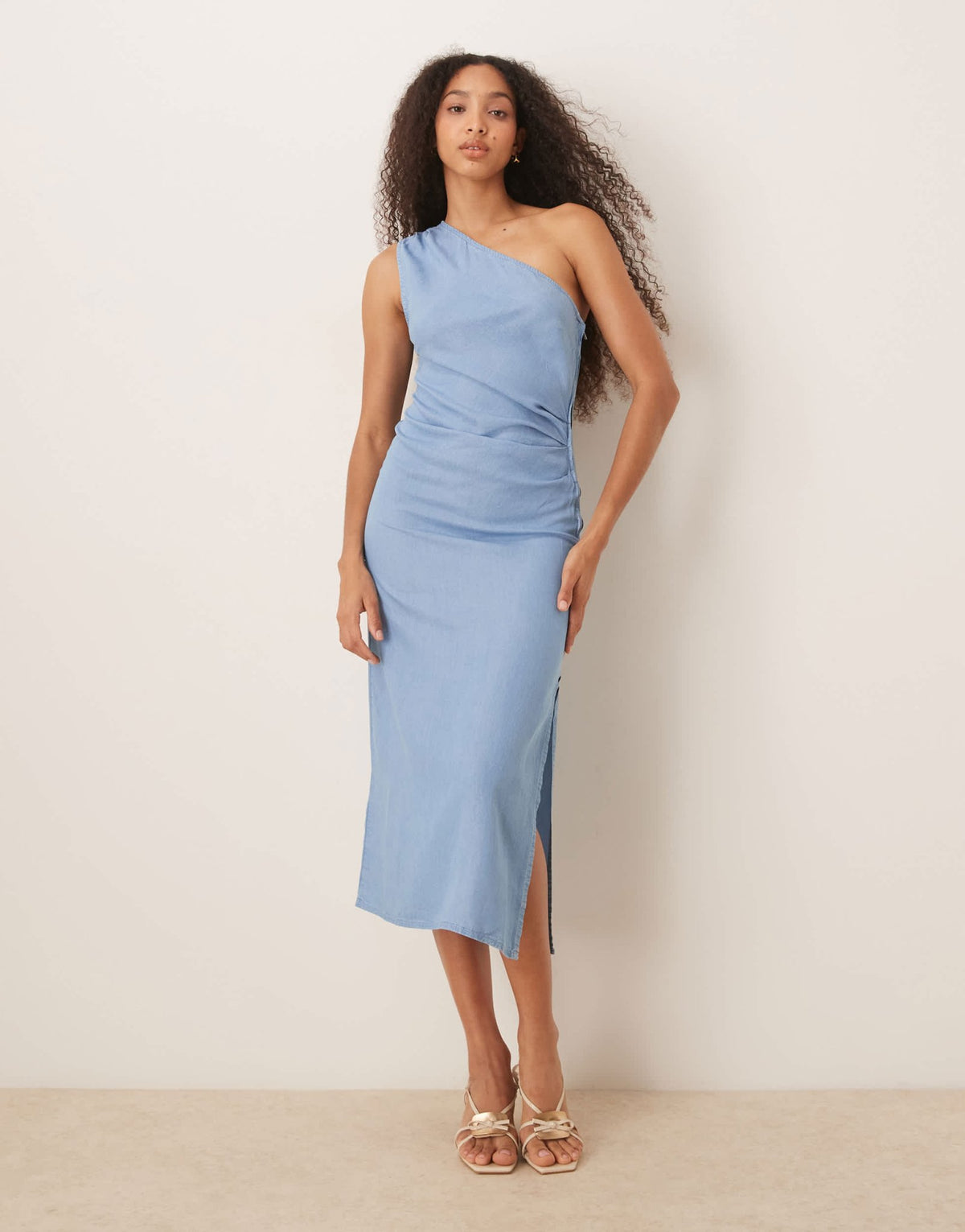 Mango draped one shoulder denim look midaxi dress with side split in blue - ASOS Sample Sale