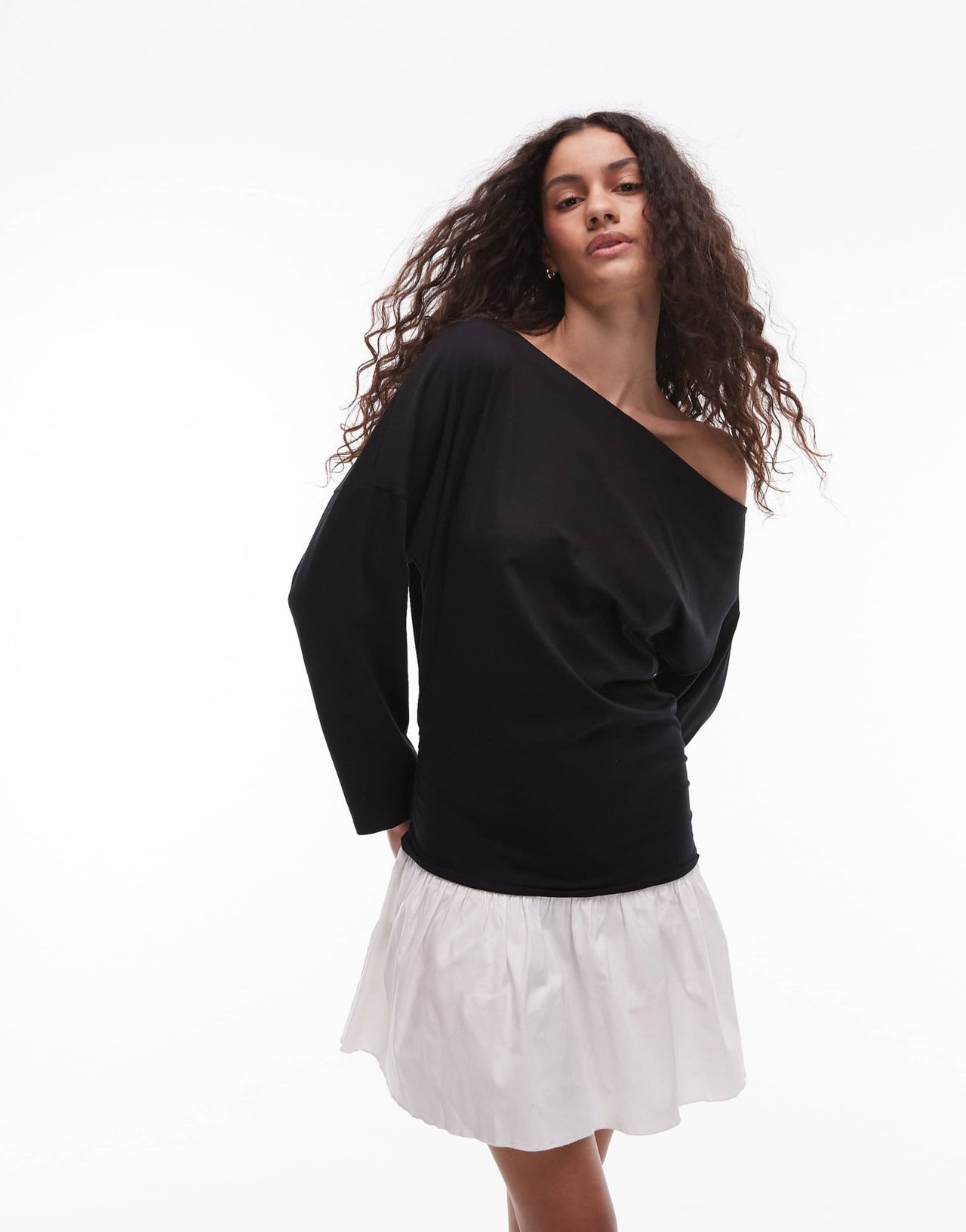 Mango drop waist contrast skirt mini dress in black - ASOS Sample Sale