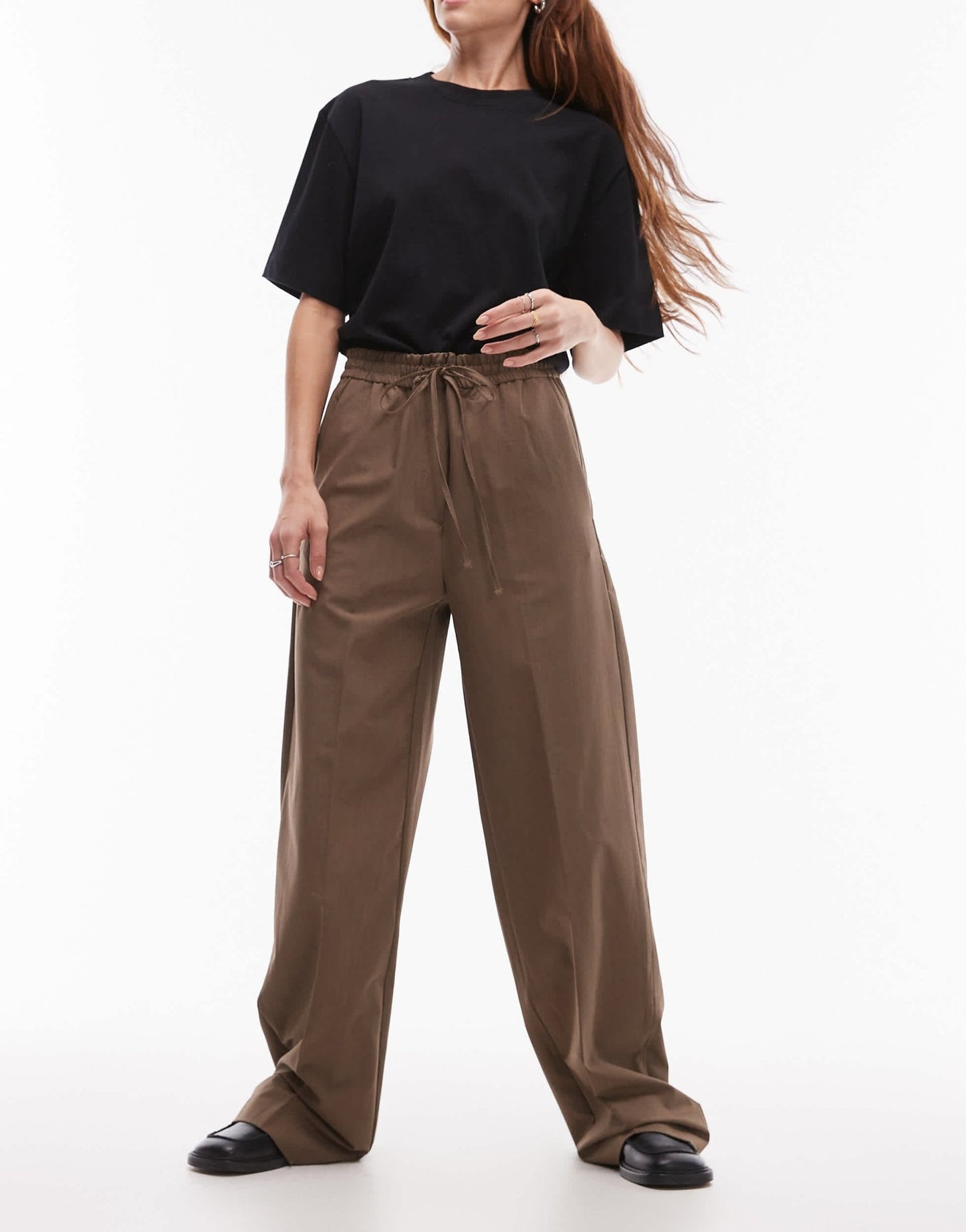 Mango elasticated tie waist relaxed trouser in brown - ASOS Sample Sale