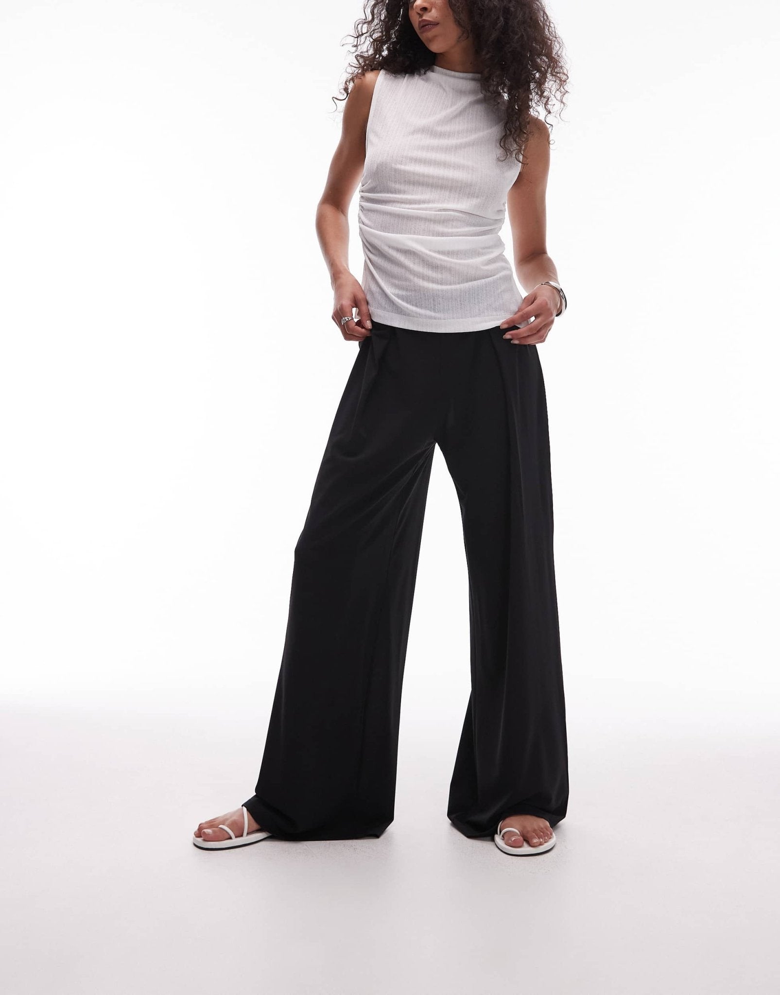 Mango elasticated waist wide leg stretch trousers in black - ASOS Sample Sale