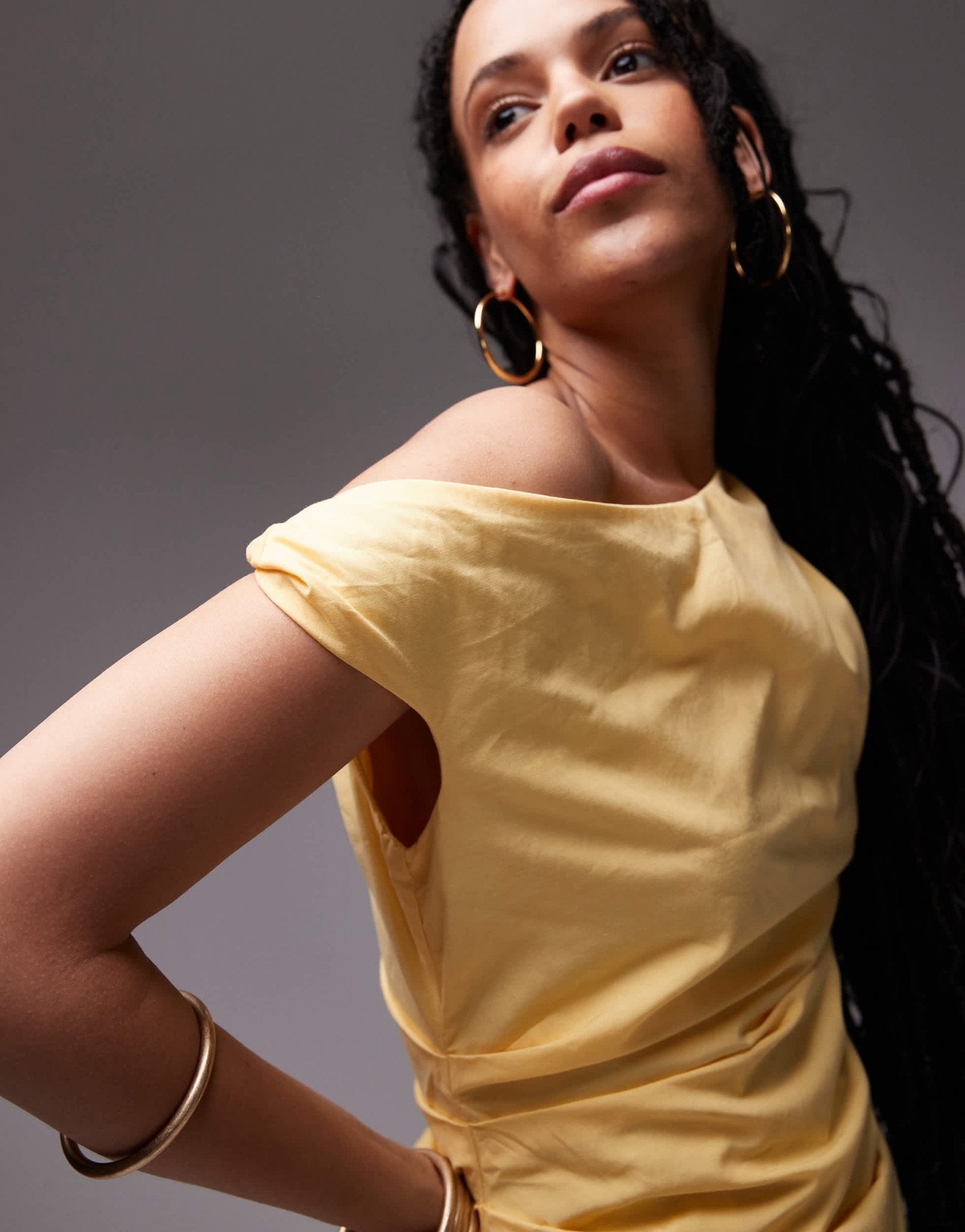 Mango fallen shoulder midi dress with ruched detail in butter yellow - ASOS Sample Sale