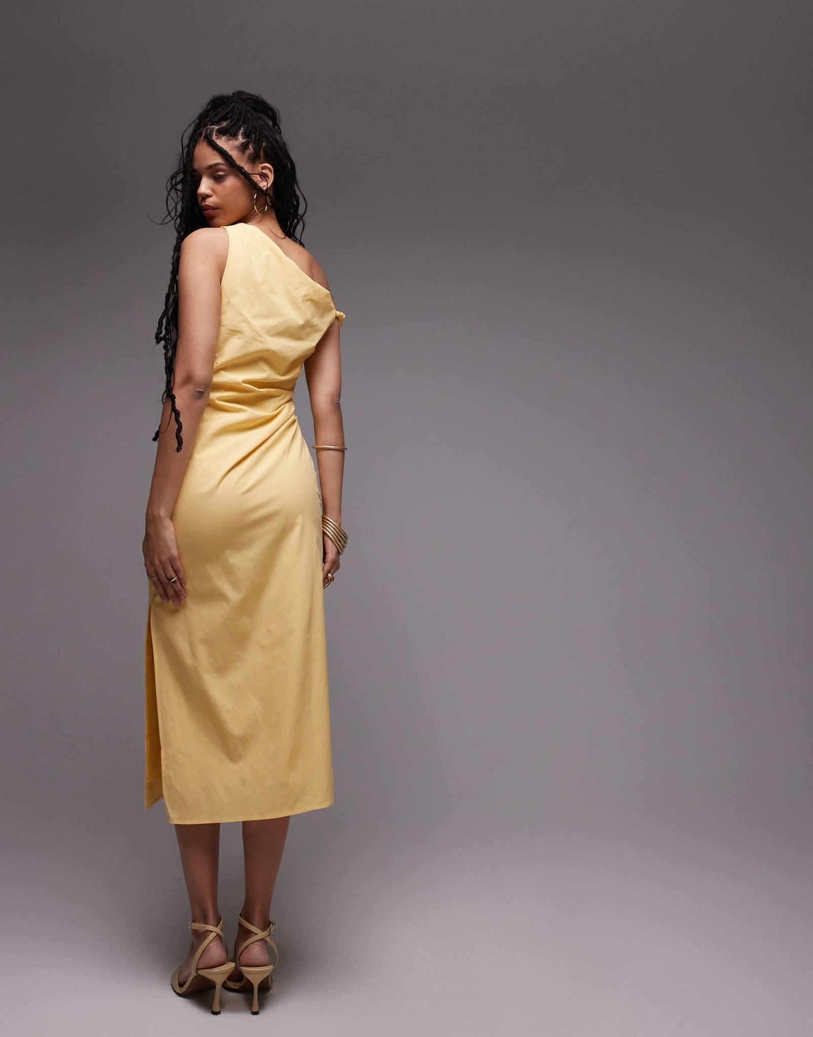 Mango fallen shoulder midi dress with ruched detail in butter yellow - ASOS Sample Sale