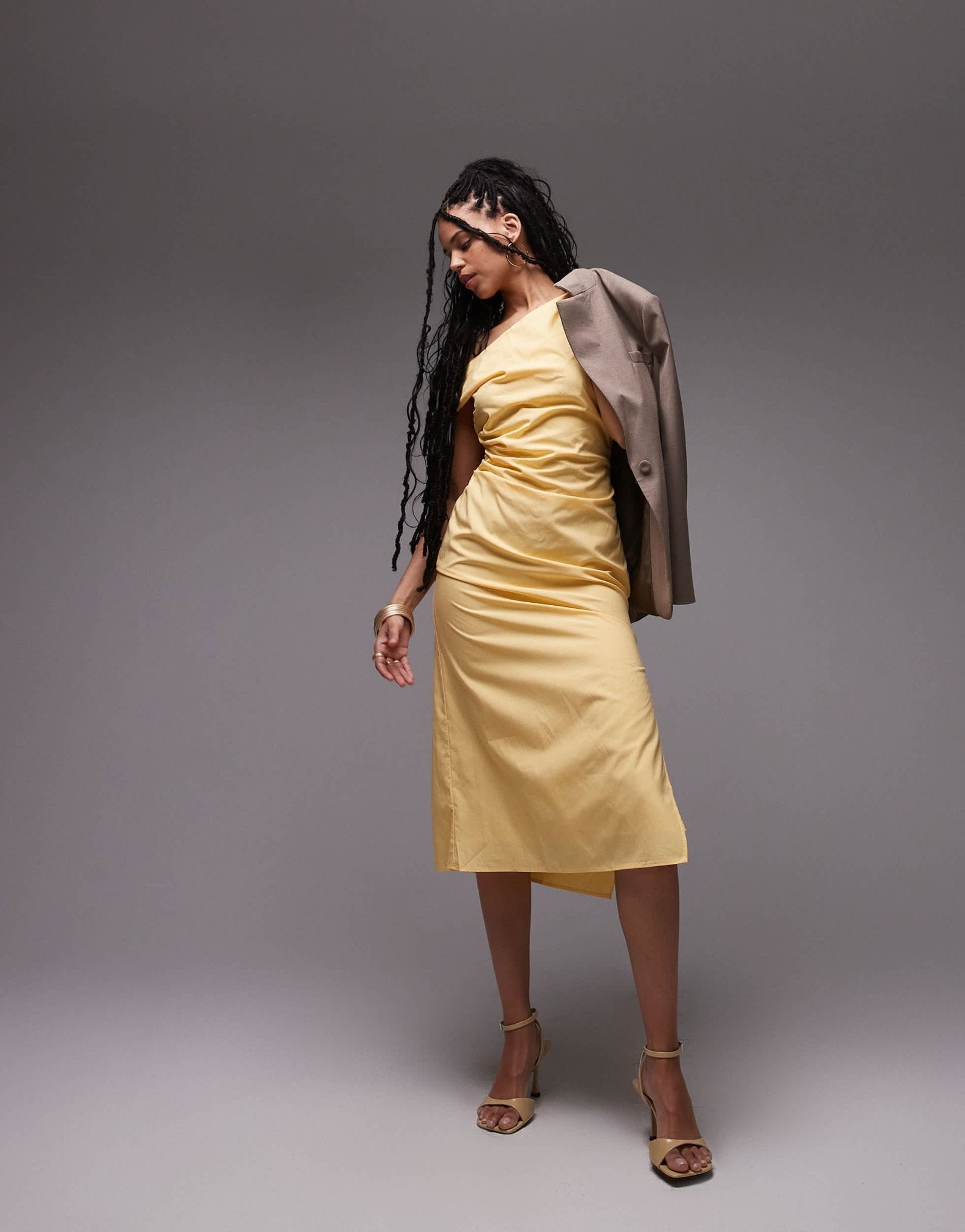 Mango fallen shoulder midi dress with ruched detail in butter yellow - ASOS Sample Sale