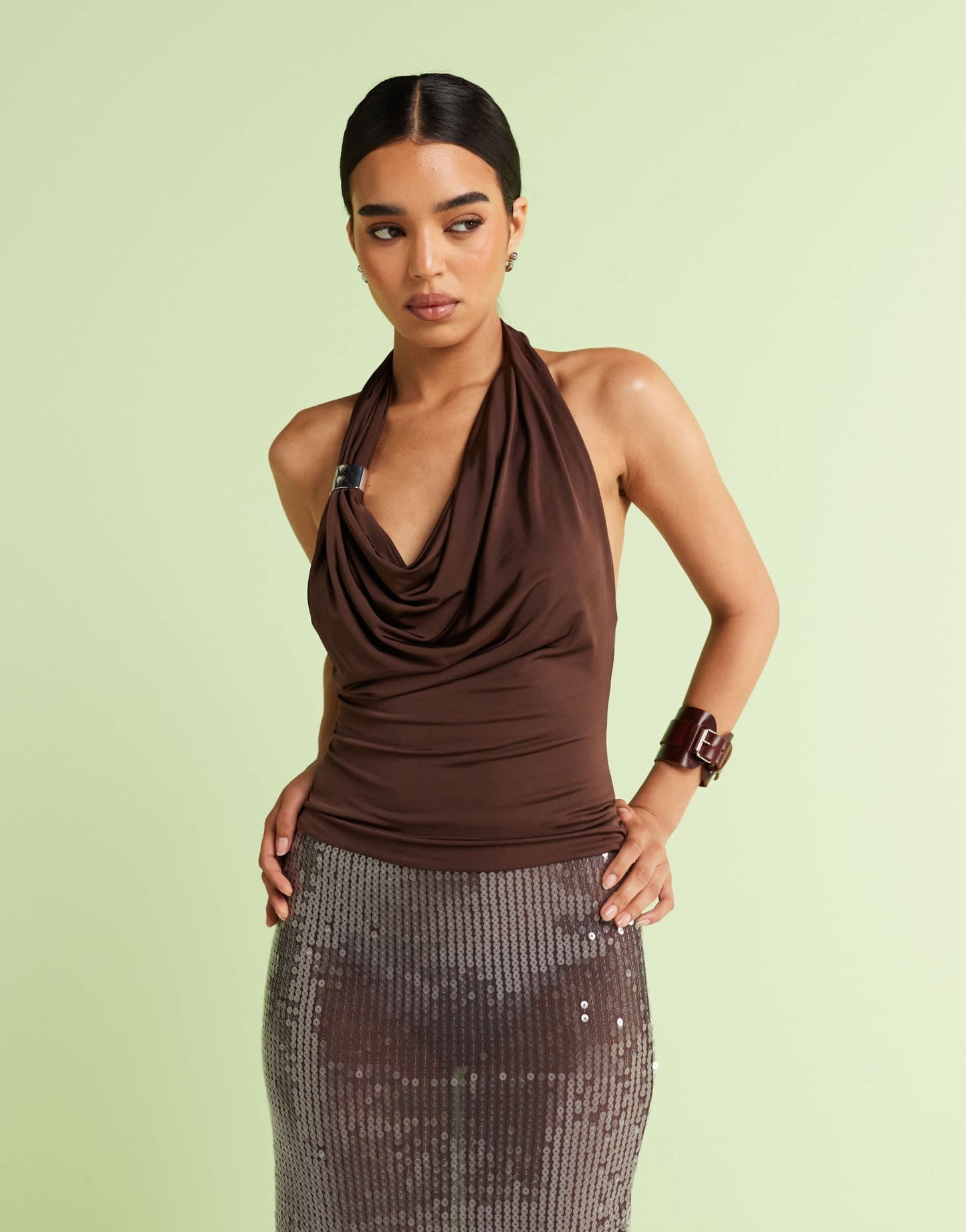 Mango featuring Kaia Gerber slinky backless halter top with metal detail in chocolate - ASOS Sample Sale