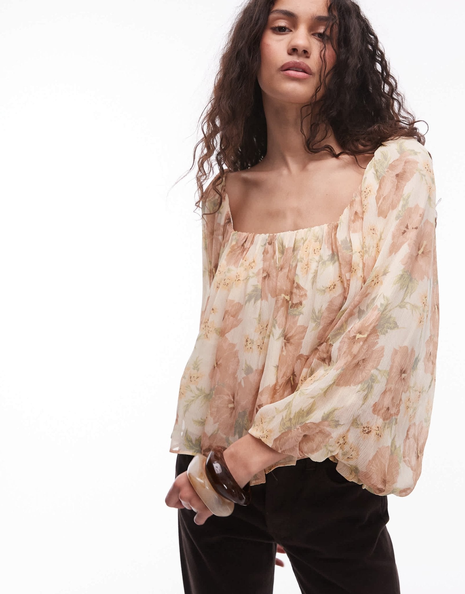 Mango floral print volume blouse in pale yellow - ASOS Sample Sale