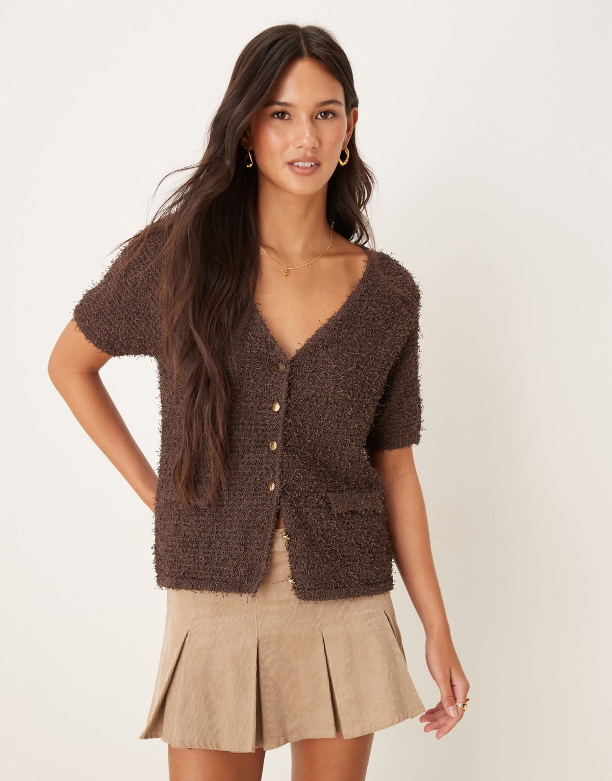 Mango fluffy short sleeve cardigan in brown - ASOS Sample Sale