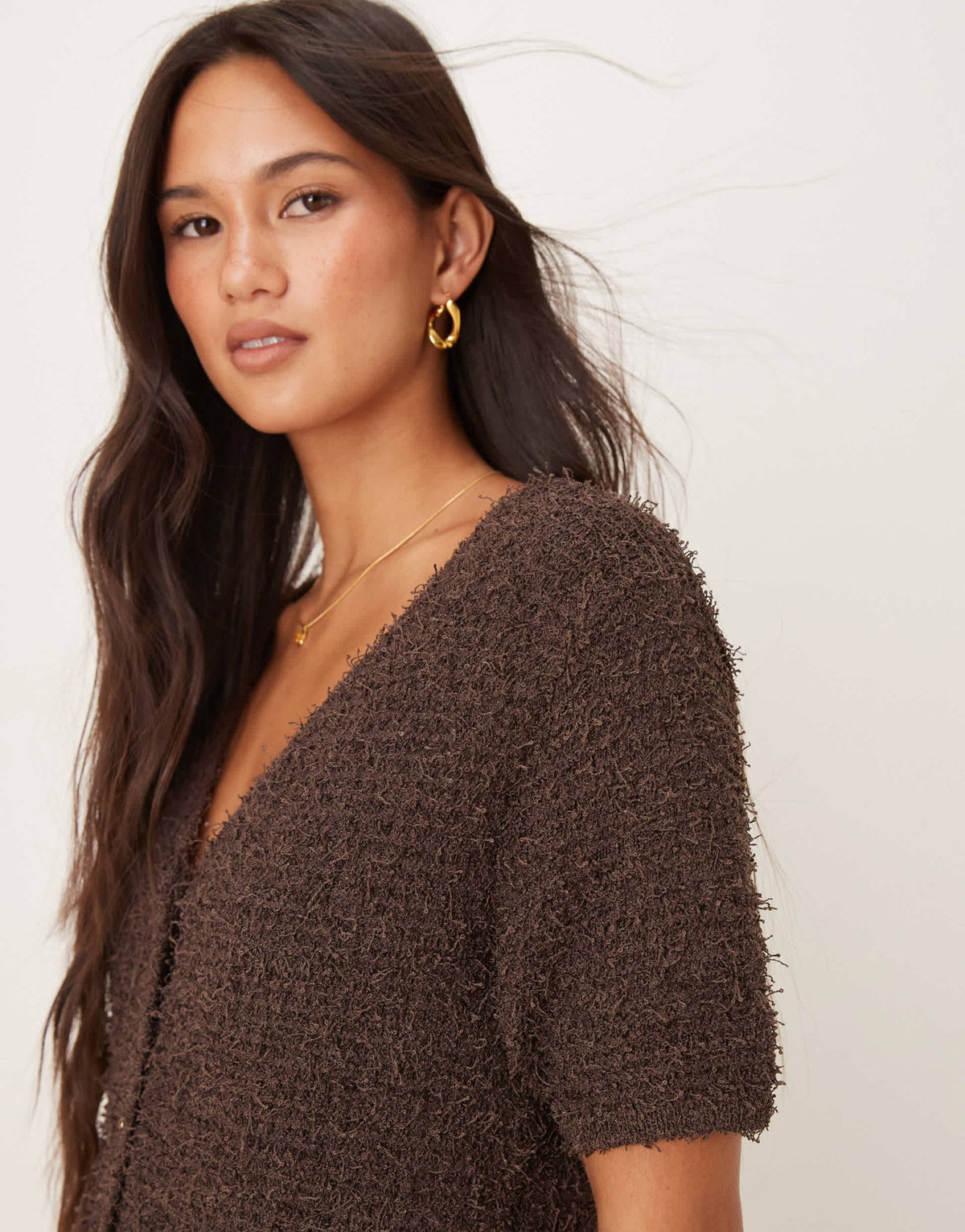 Mango fluffy short sleeve cardigan in brown - ASOS Sample Sale