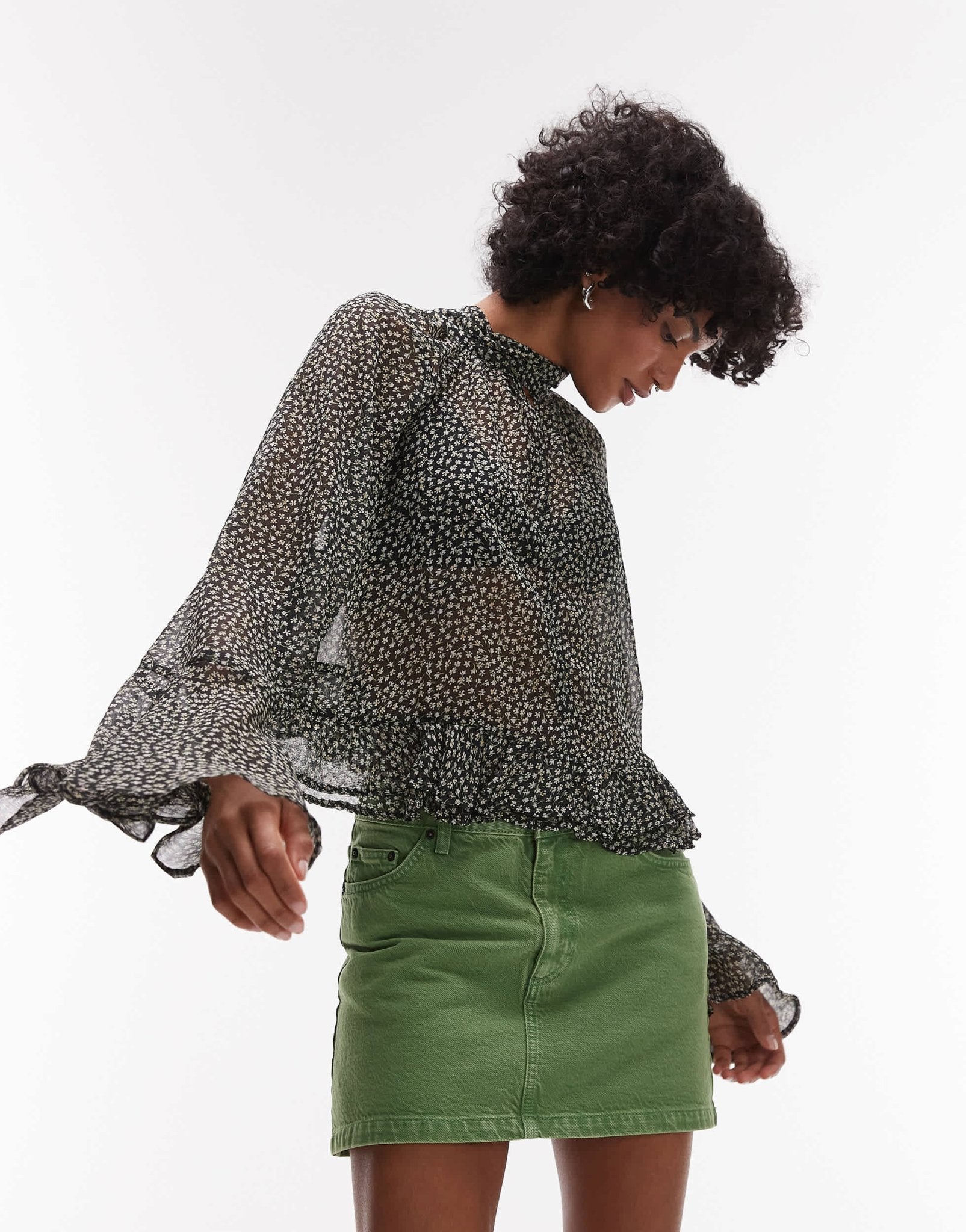Mango flute sleeve printed blouse in black - ASOS Sample Sale