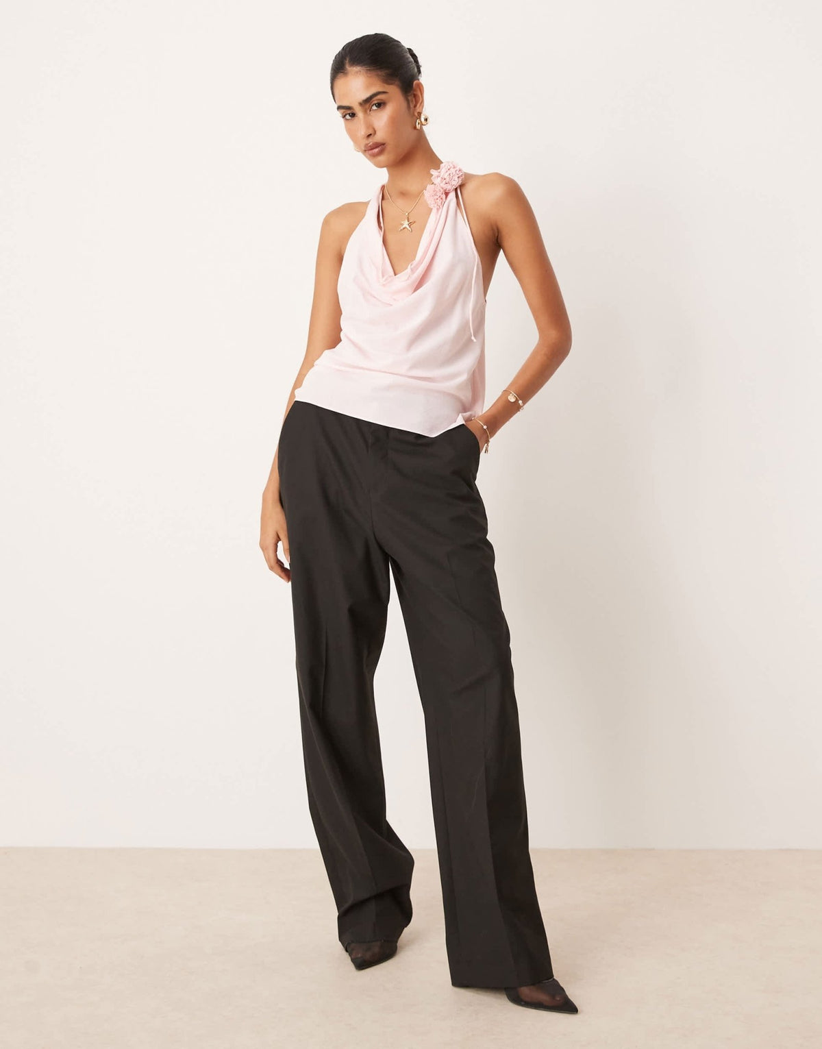 Mango halter drape neck top with 3D floral in soft pink - ASOS Sample Sale