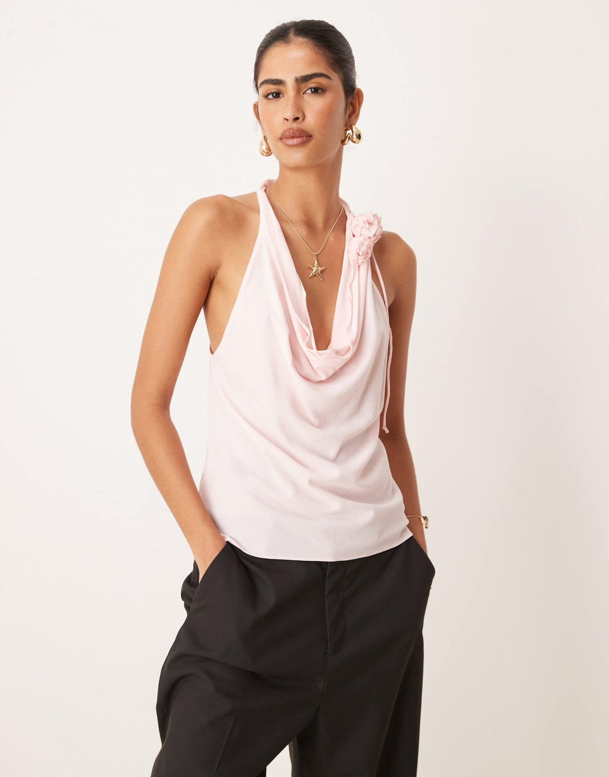 Mango halter drape neck top with 3D floral in soft pink - ASOS Sample Sale