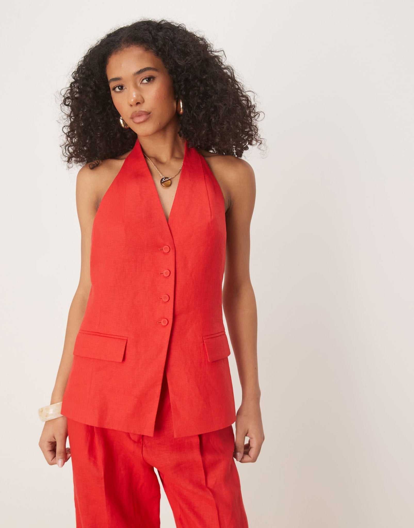 Mango halterneck linen waistcoat co-ord in red - ASOS Sample Sale