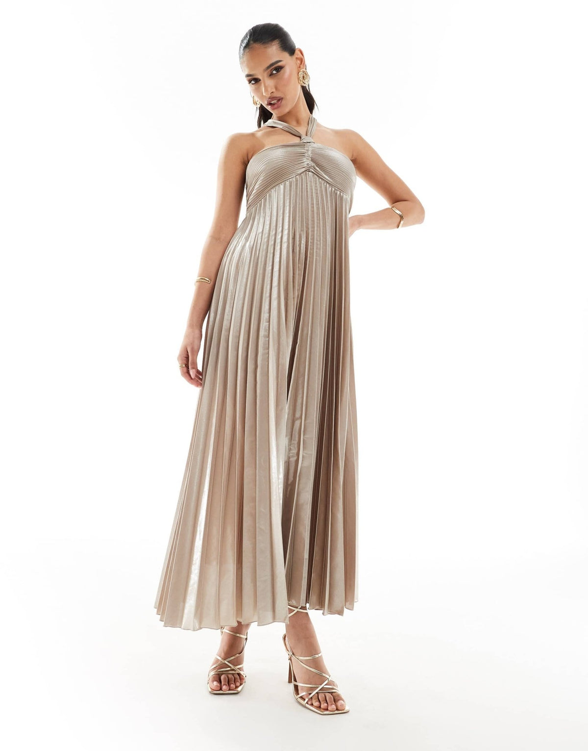 Mango halterneck pleated midi dress in silver - ASOS Sample Sale