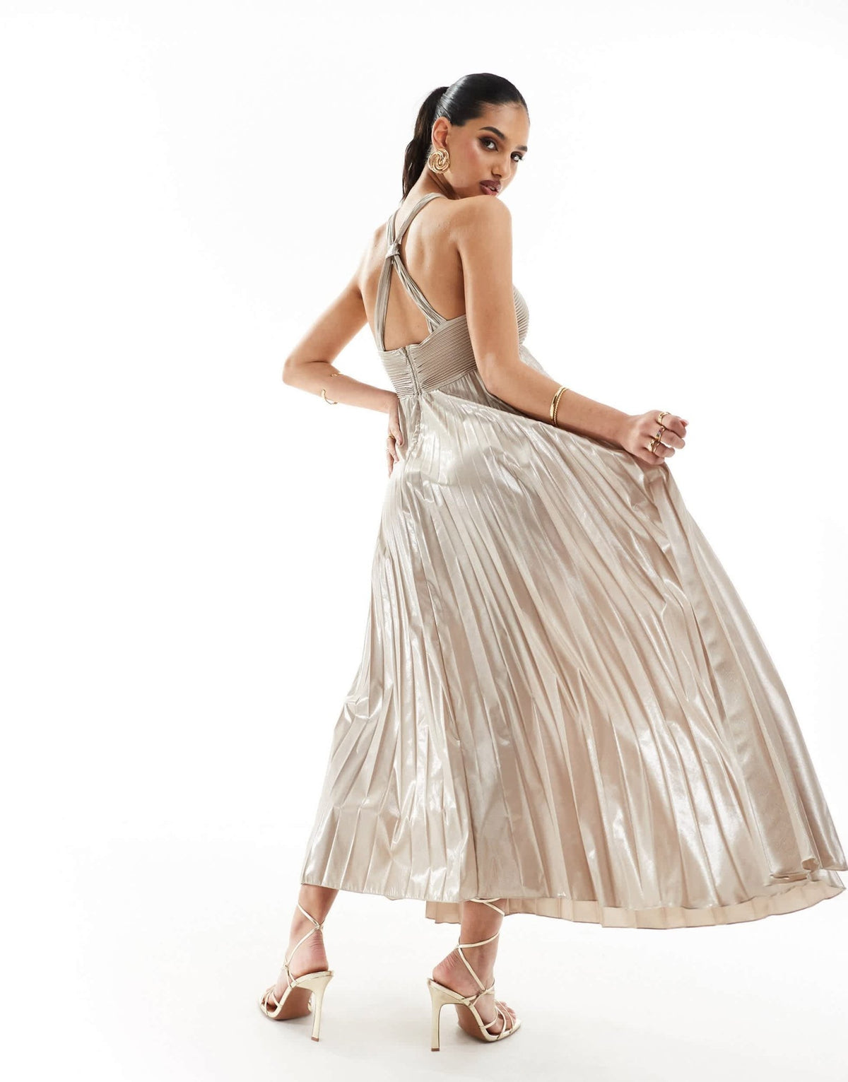 Mango halterneck pleated midi dress in silver - ASOS Sample Sale