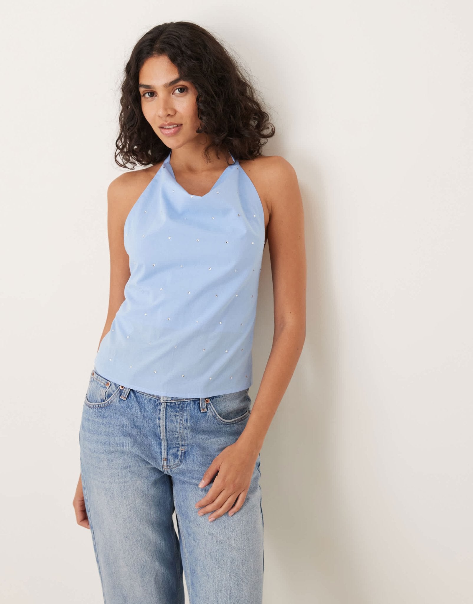 Mango halterneck top with cowl neck with hotfix detail in blue - ASOS Sample Sale