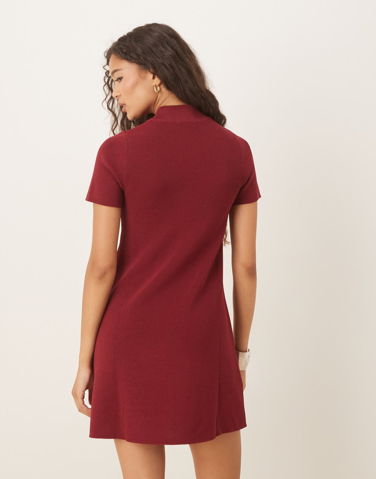 Mango knitted high neck short sleeve mini dress in dark red - ASOS Sample Sale