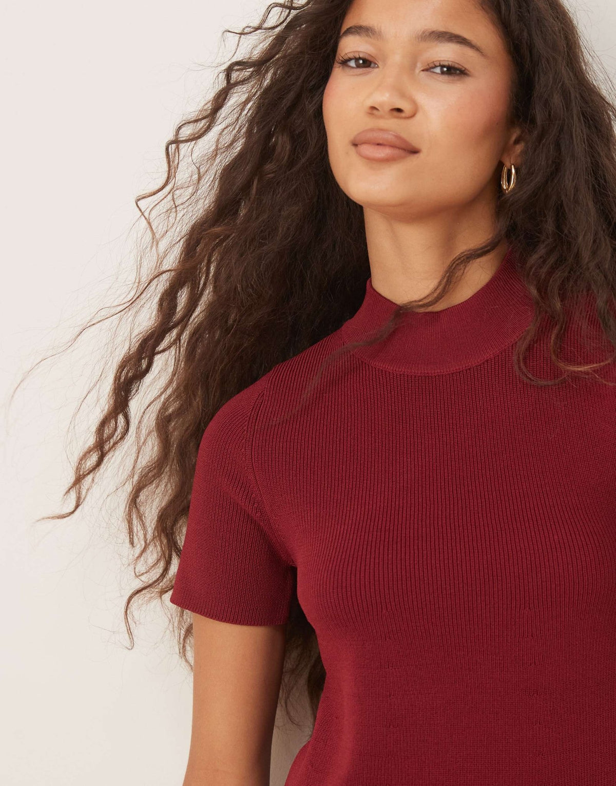 Mango knitted high neck short sleeve mini dress in dark red - ASOS Sample Sale