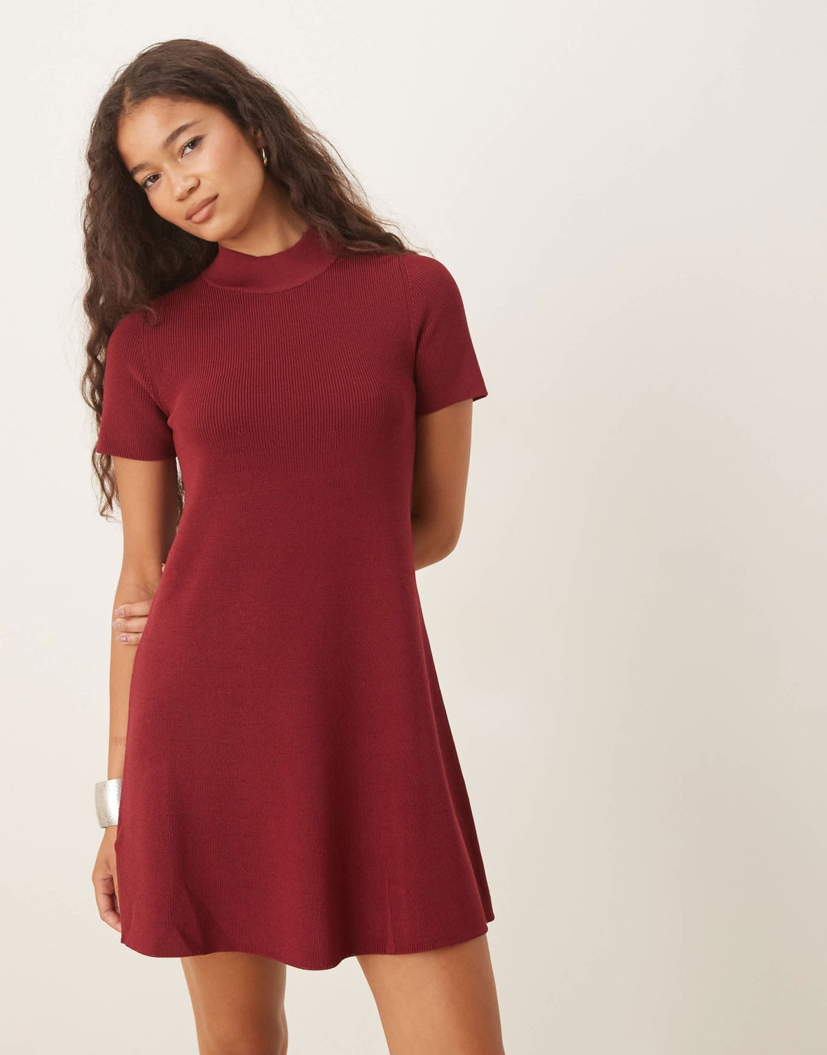 Mango knitted high neck short sleeve mini dress in dark red - ASOS Sample Sale