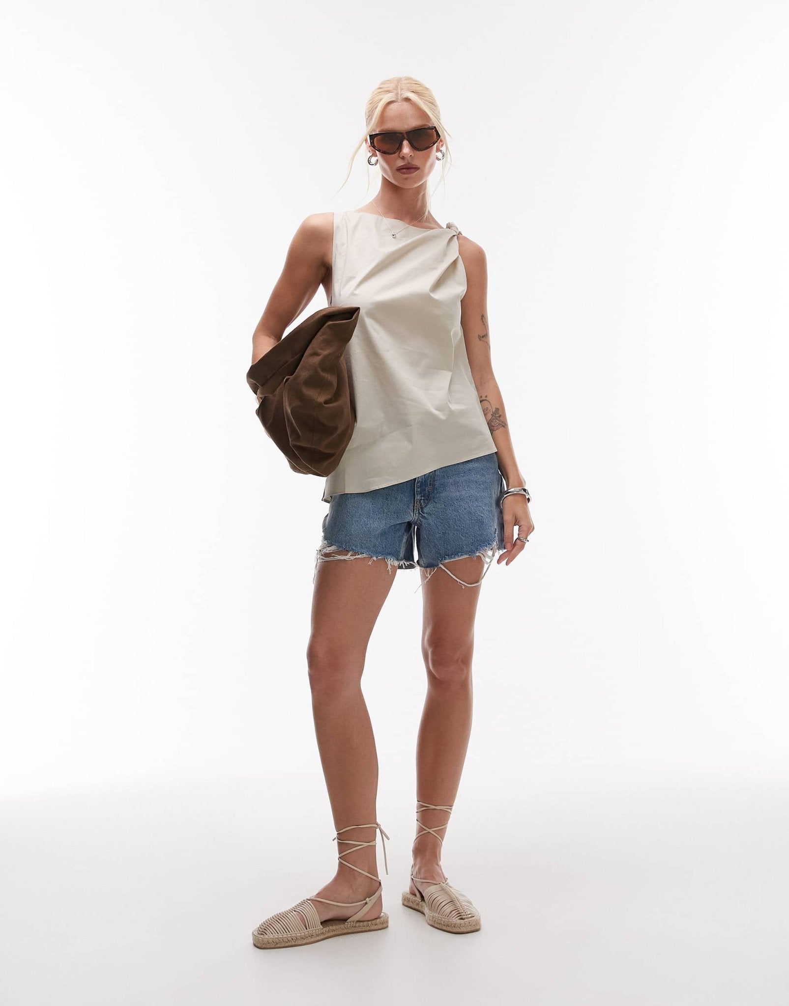 Mango knotted shoulder asymetric sleevless top on cream - ASOS Sample Sale