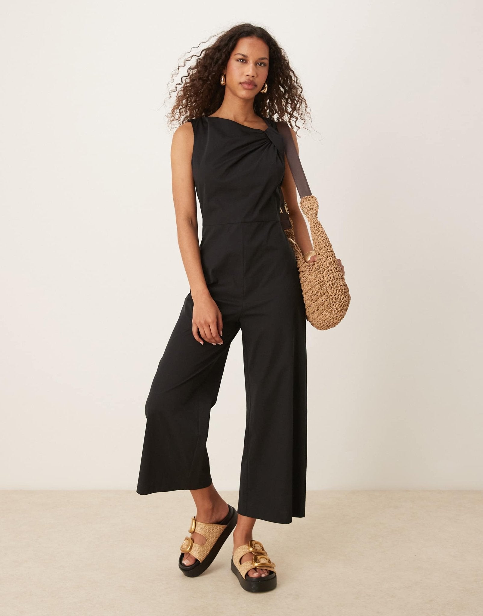 Mango knotted shoulder detail woven jumpsuit in black - ASOS Sample Sale