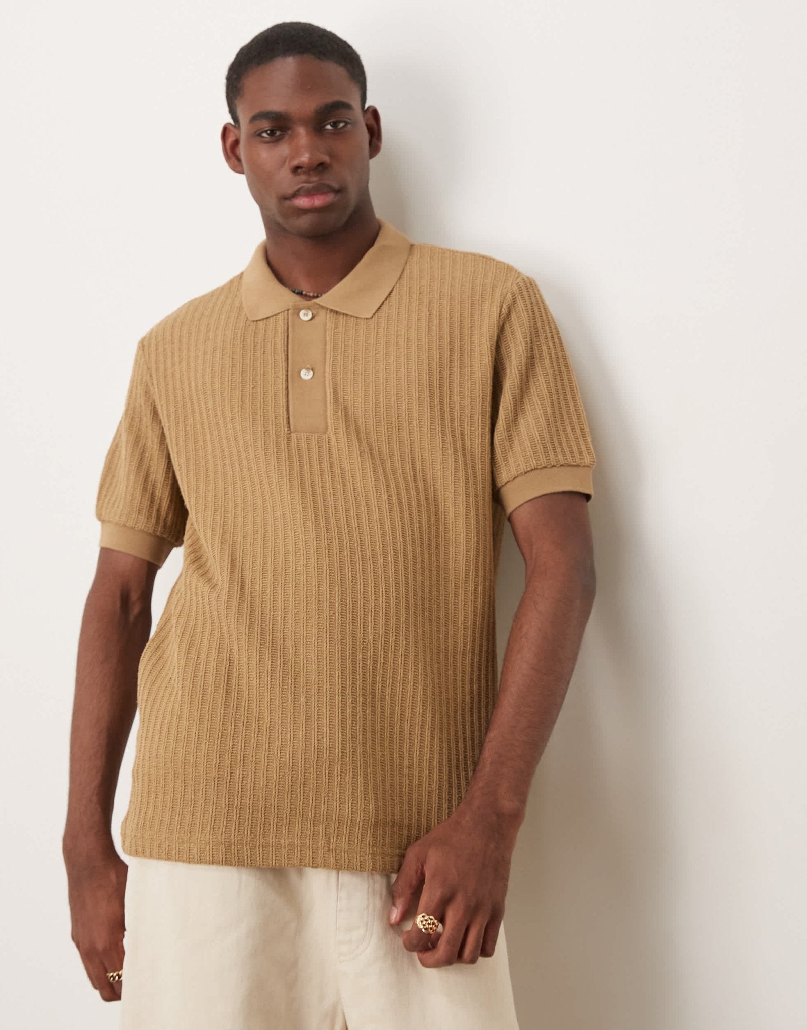 Mango light knit ribbed polo top in tan - ASOS Sample Sale