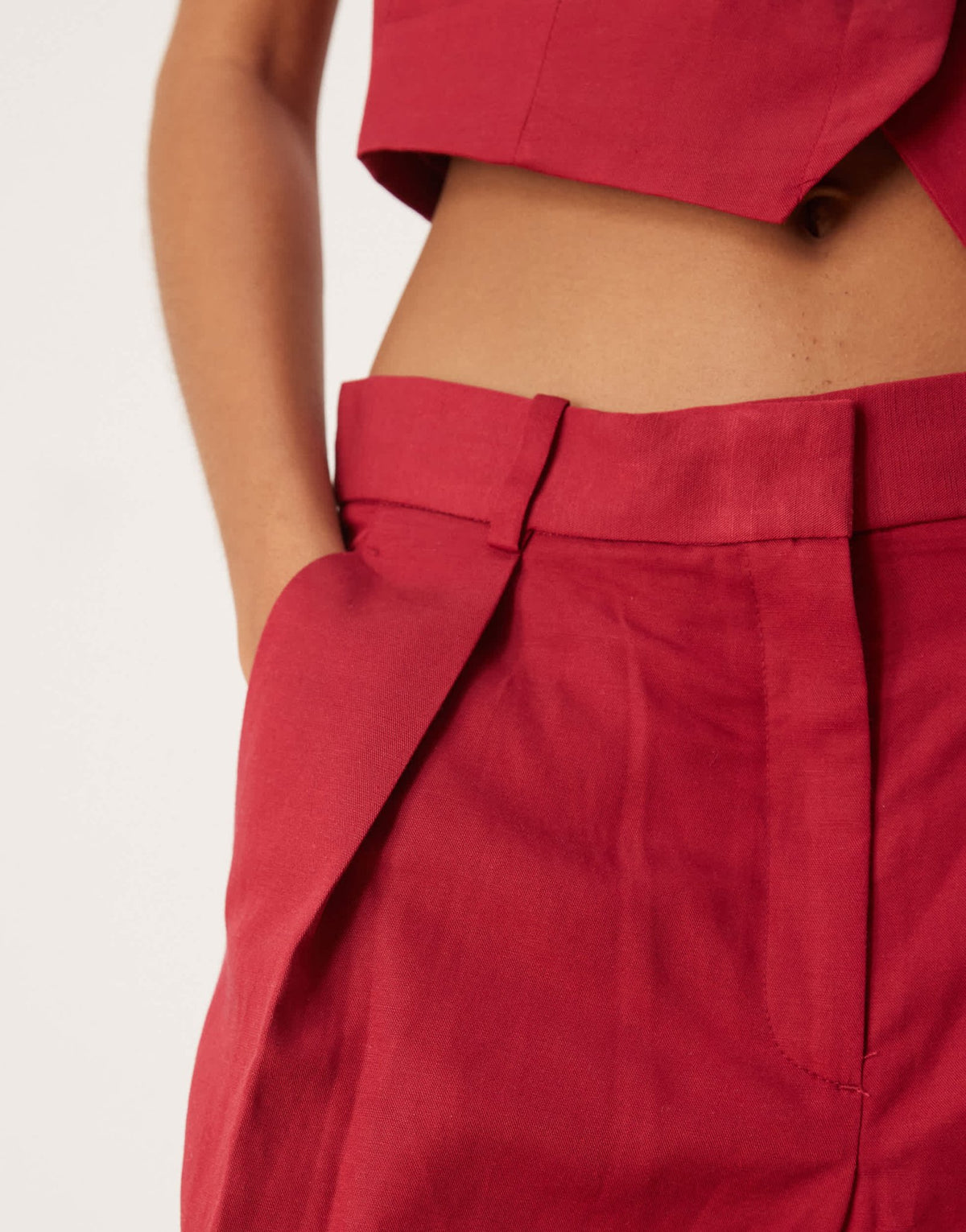 Mango linen blend tailored pleat front short co-ord in red - ASOS Sample Sale