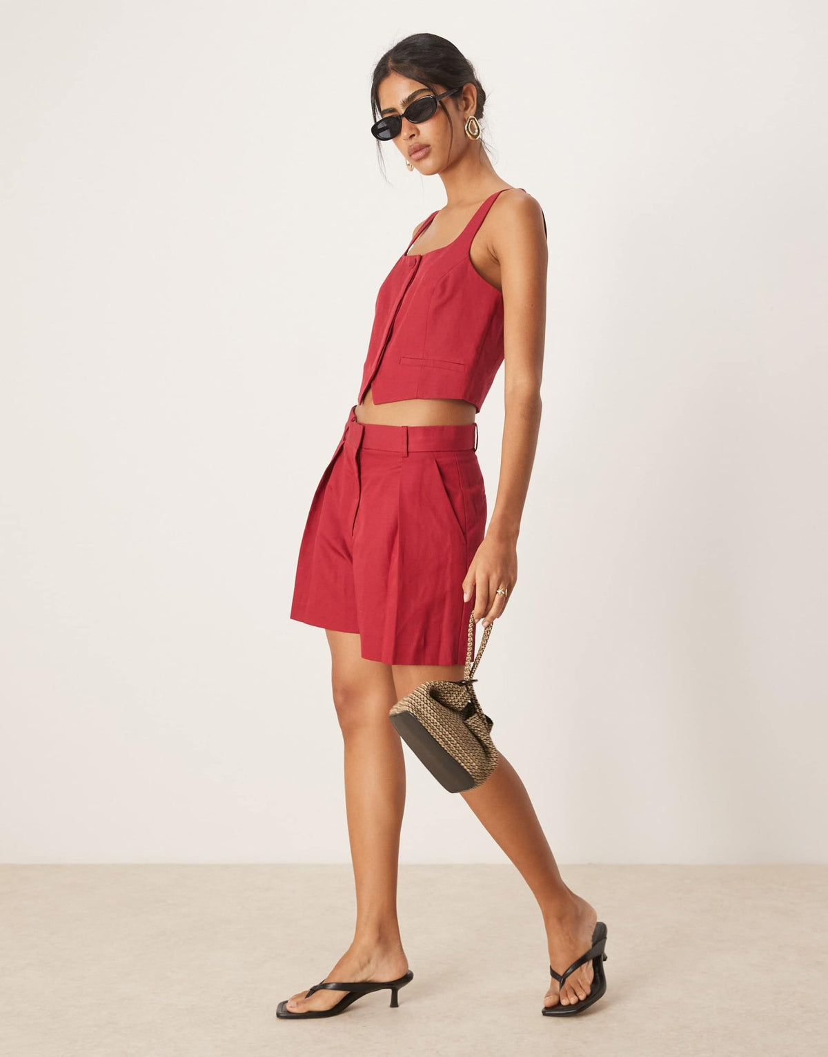 Mango linen blend tailored pleat front short co-ord in red - ASOS Sample Sale