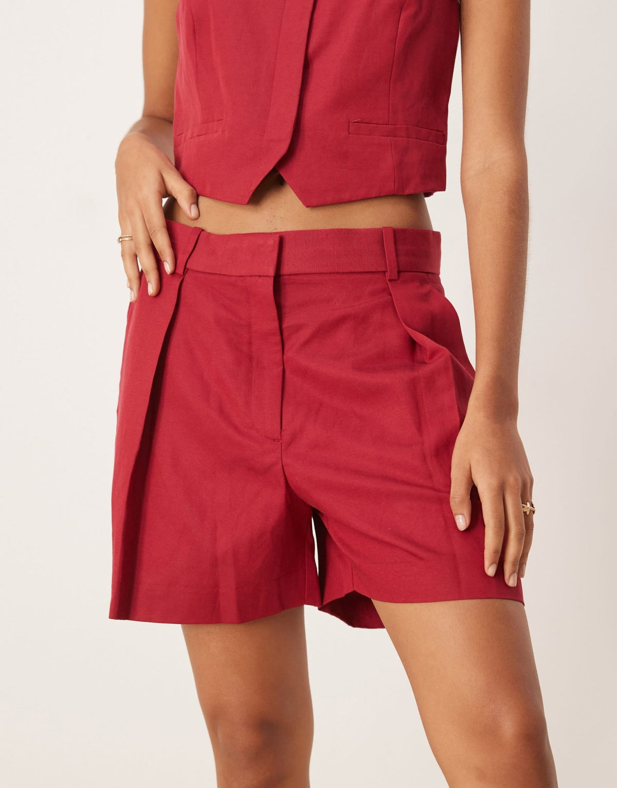 Mango linen blend tailored pleat front short co-ord in red - ASOS Sample Sale