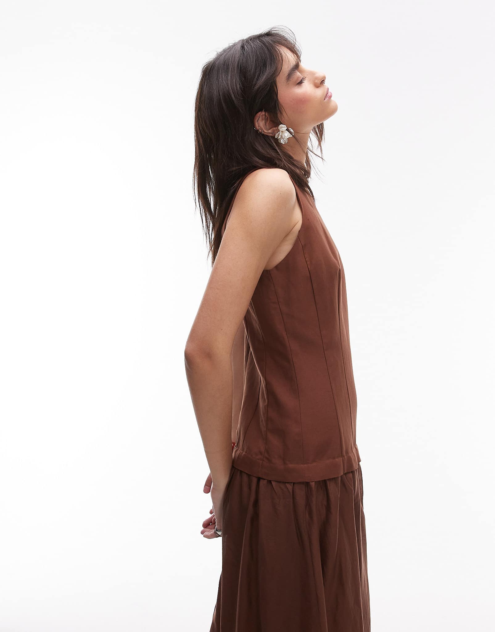 Mango linen dropped waist maxi dress with sheer hem in chocolate - ASOS Sample Sale